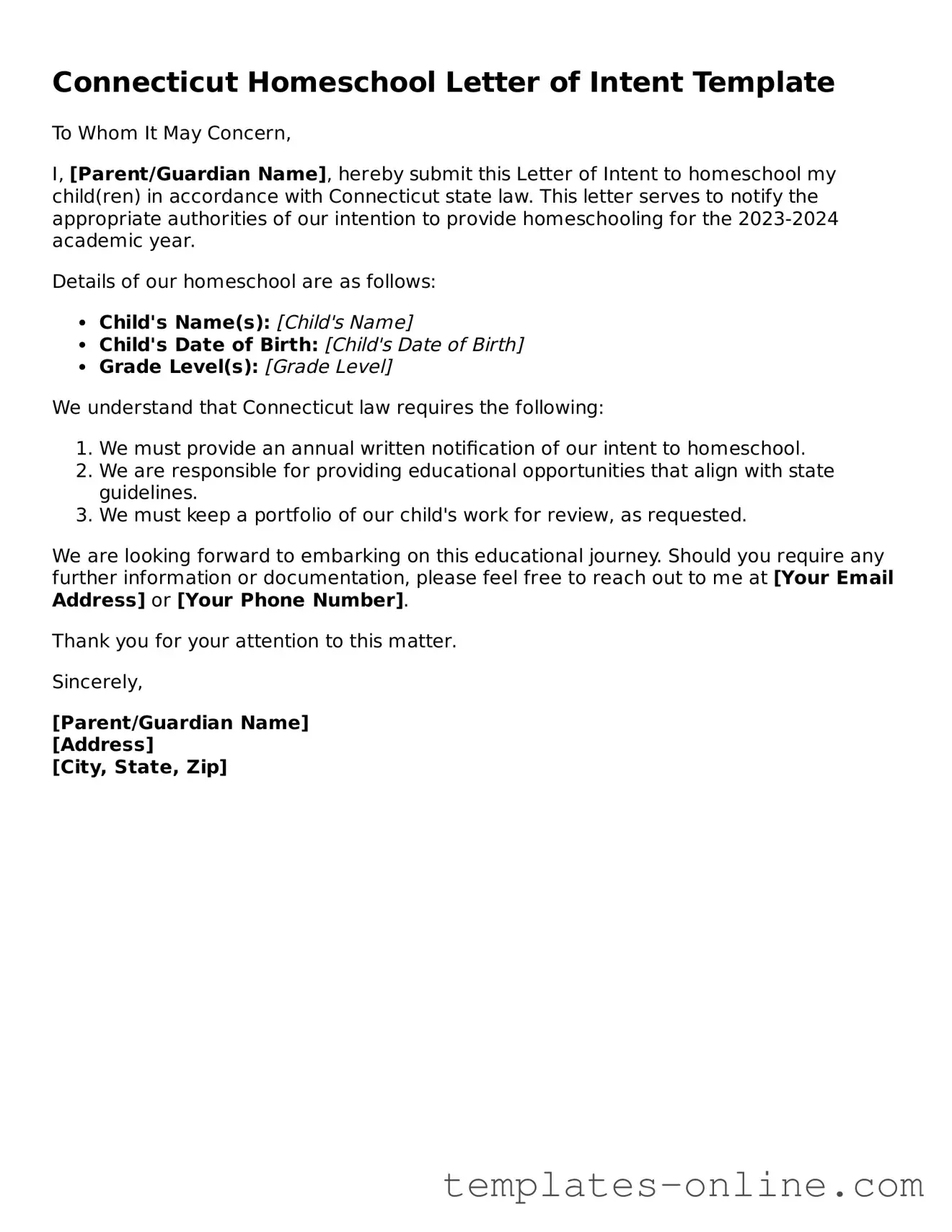 Valid  Homeschool Letter of Intent Template for Connecticut
