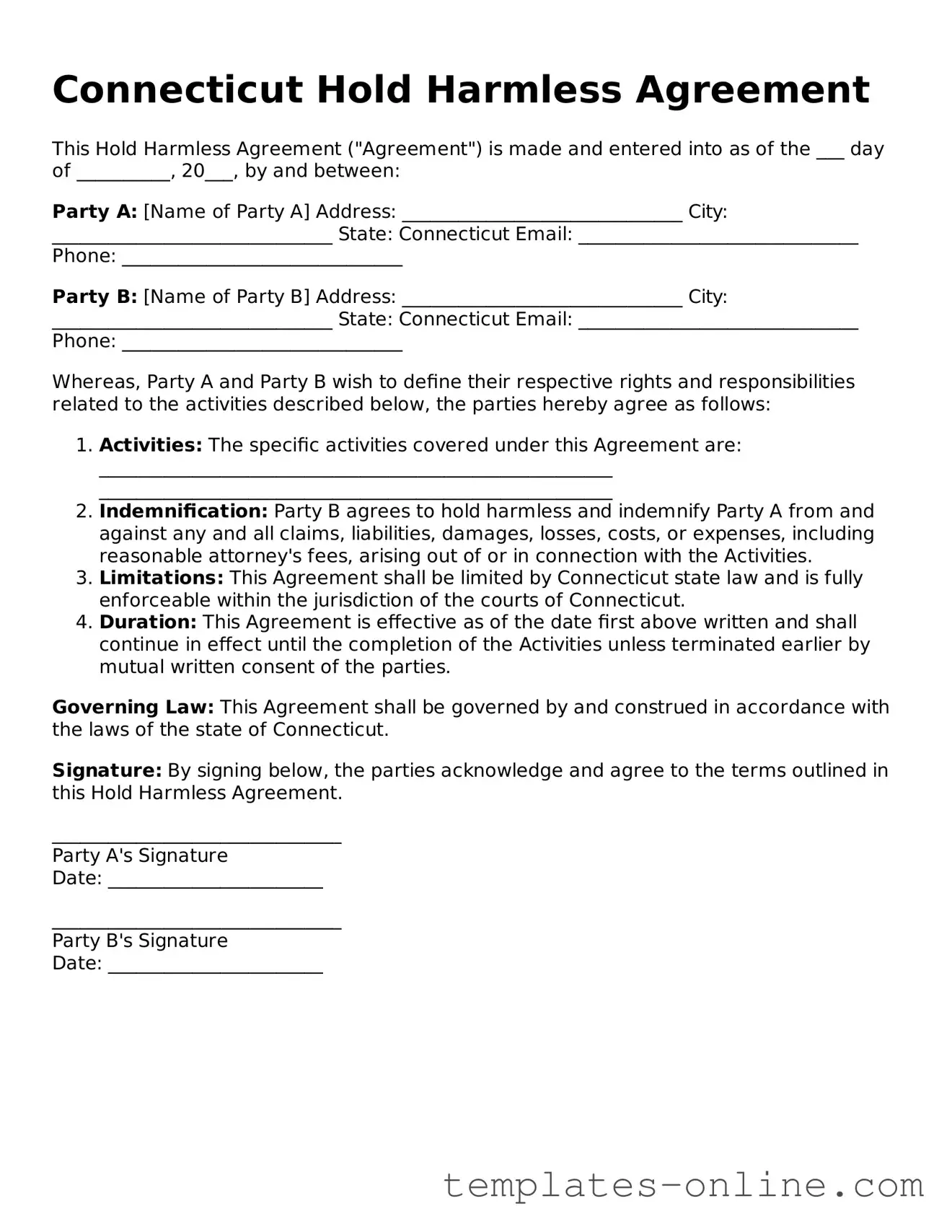 Valid  Hold Harmless Agreement Template for Connecticut