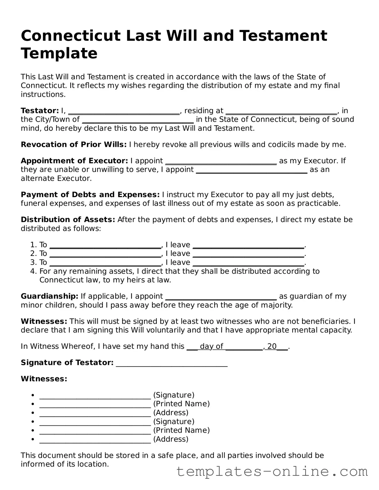 Valid  Last Will and Testament Template for Connecticut