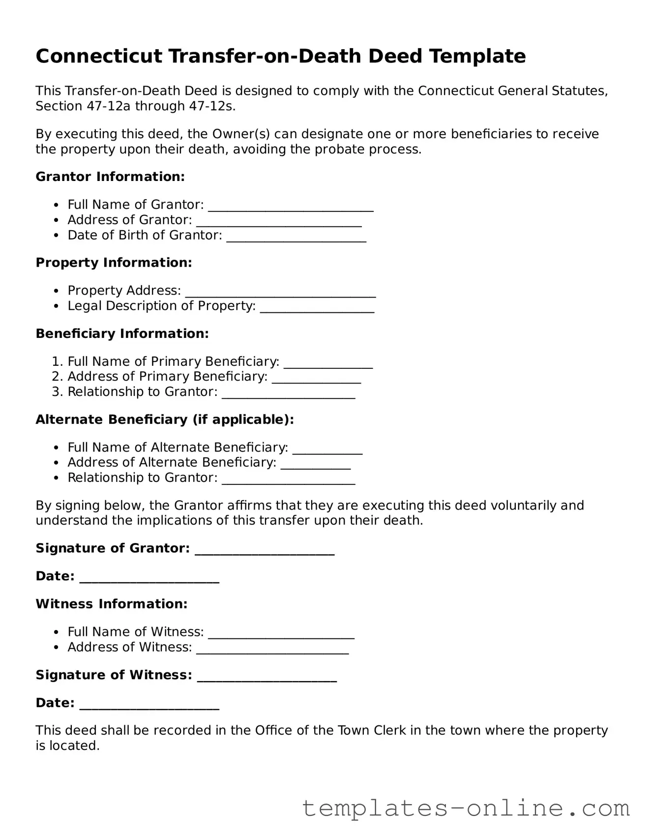 Valid  Transfer-on-Death Deed Template for Connecticut