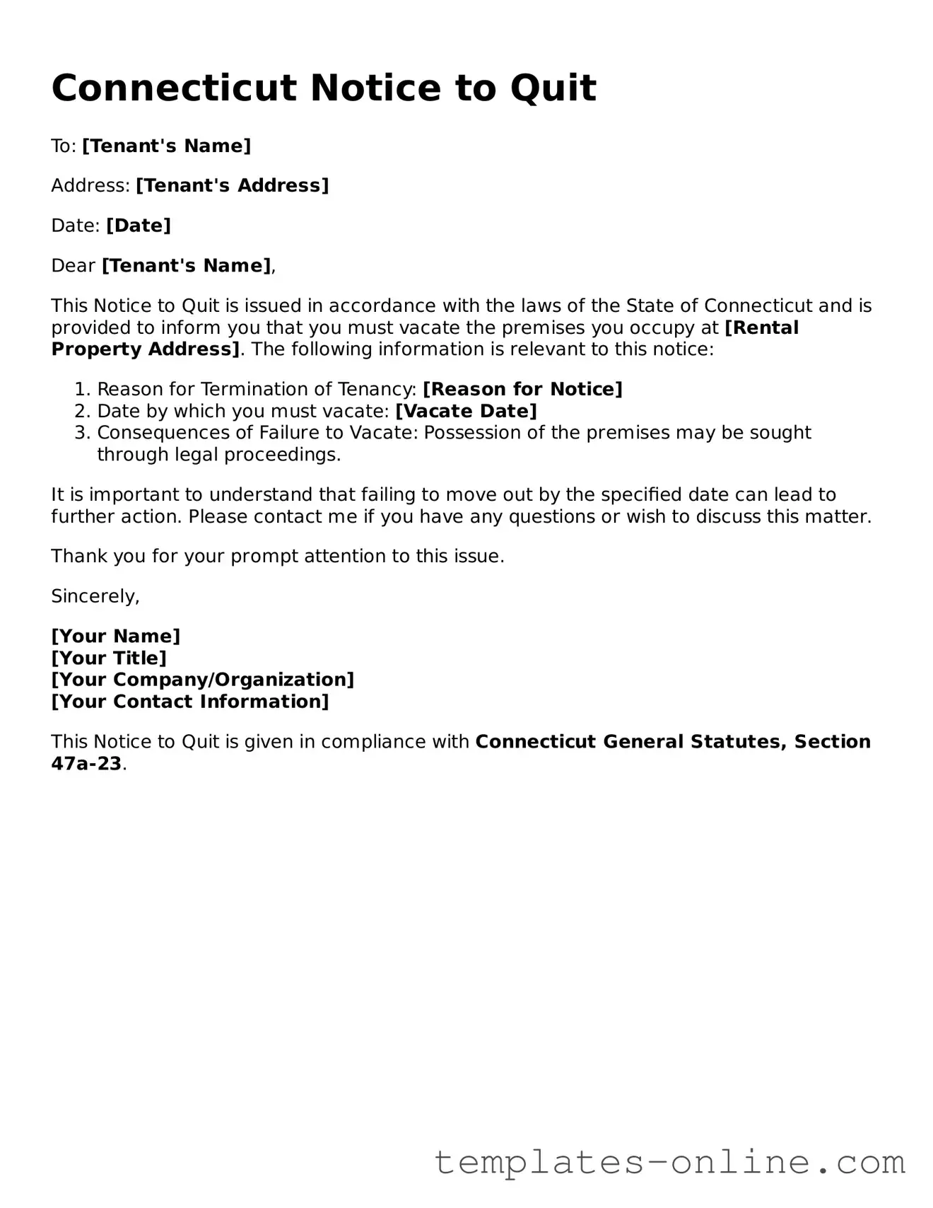 Valid  Notice to Quit Template for Connecticut