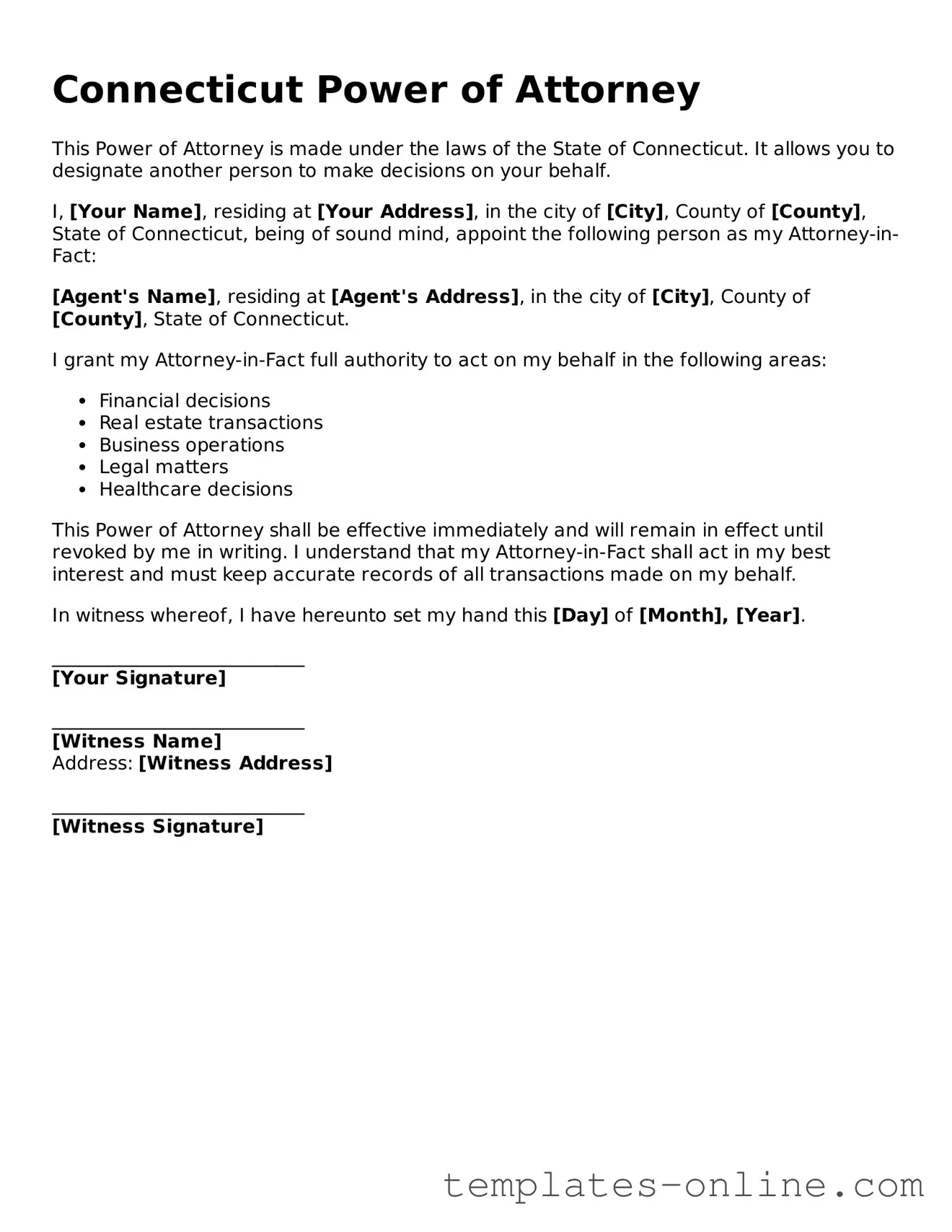 Valid  Power of Attorney Template for Connecticut