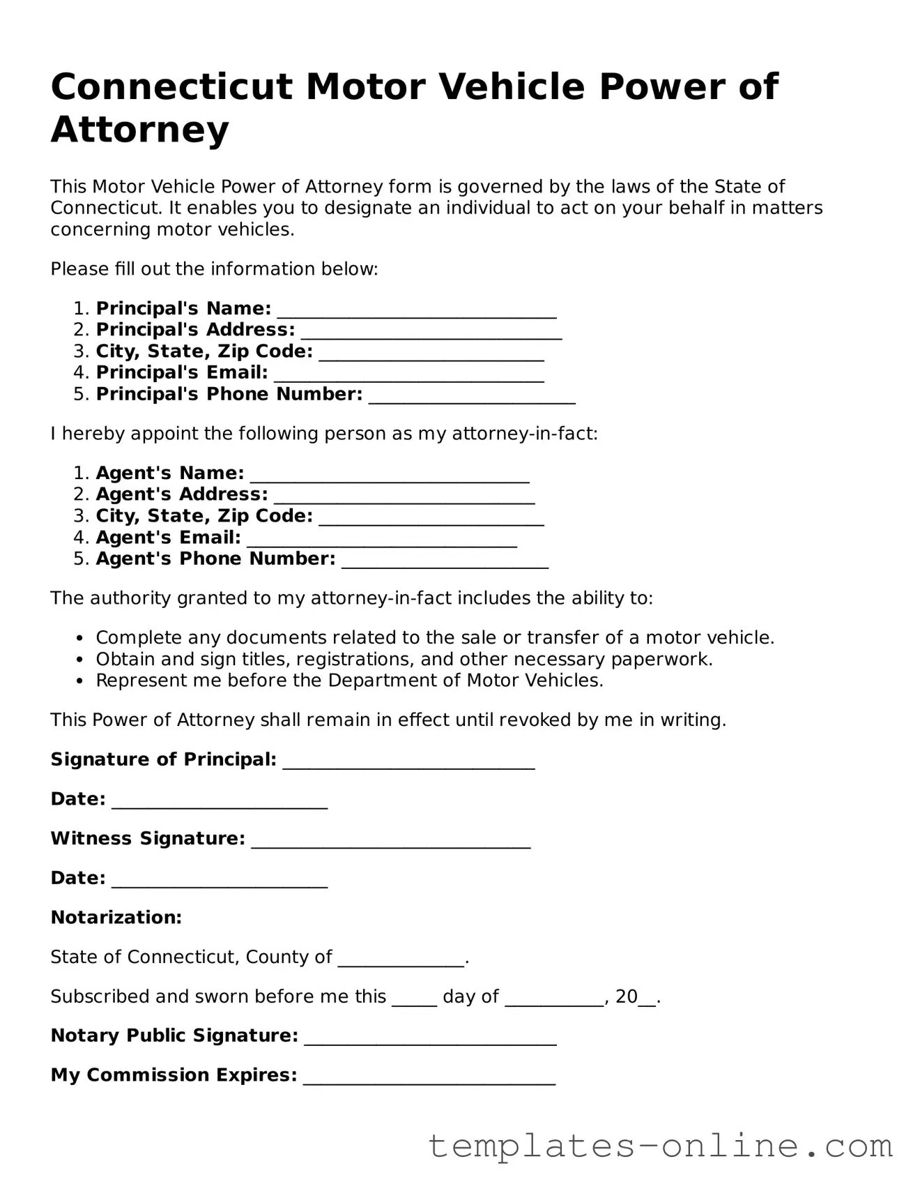 Valid  Motor Vehicle Power of Attorney Template for Connecticut