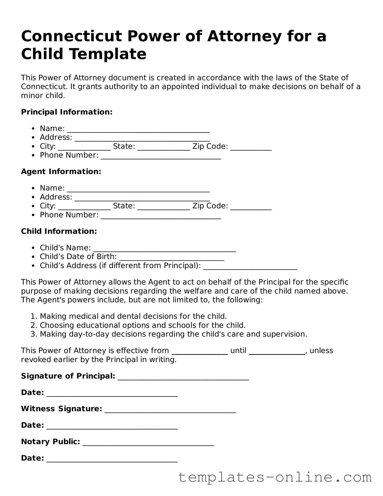 Valid  Power of Attorney for a Child Template for Connecticut