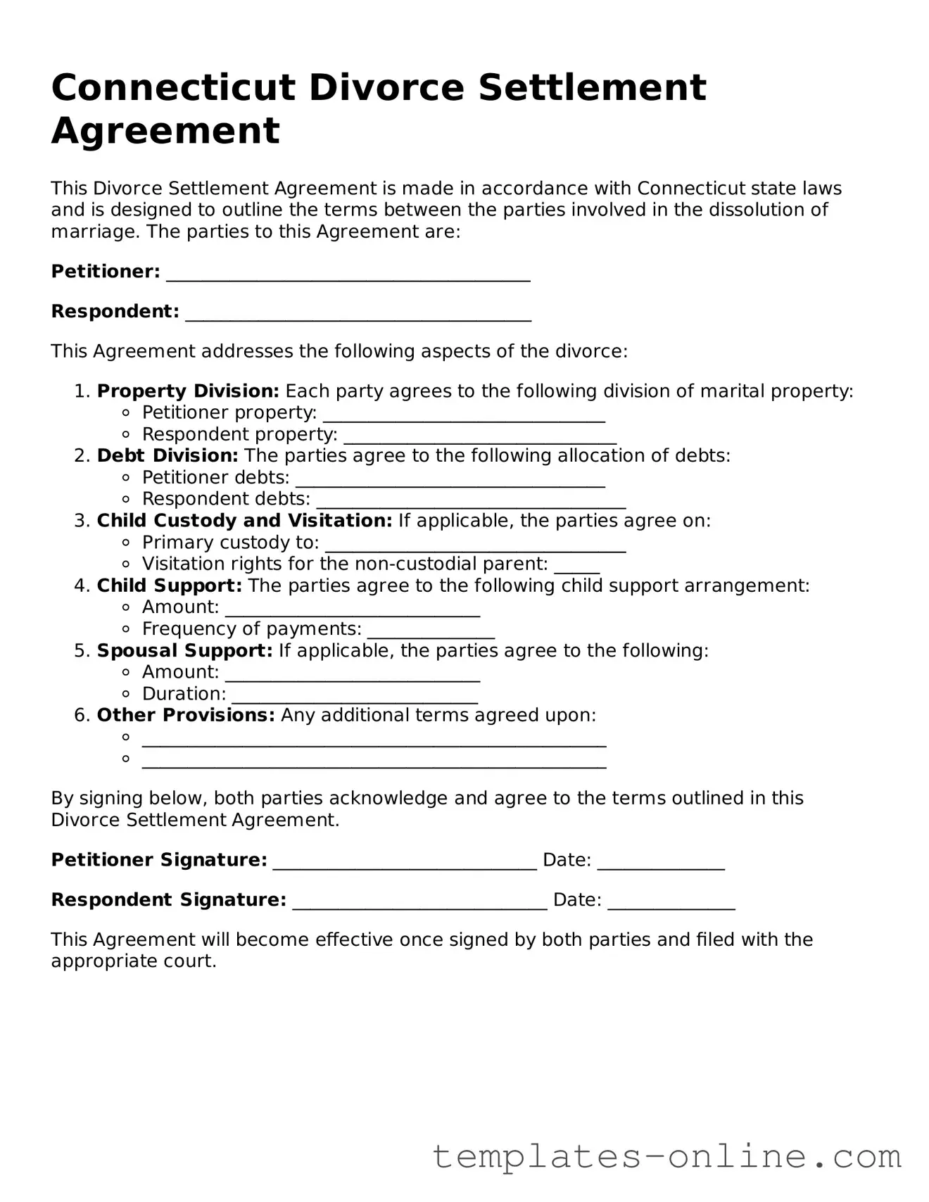 Valid  Divorce Settlement Agreement Template for Connecticut