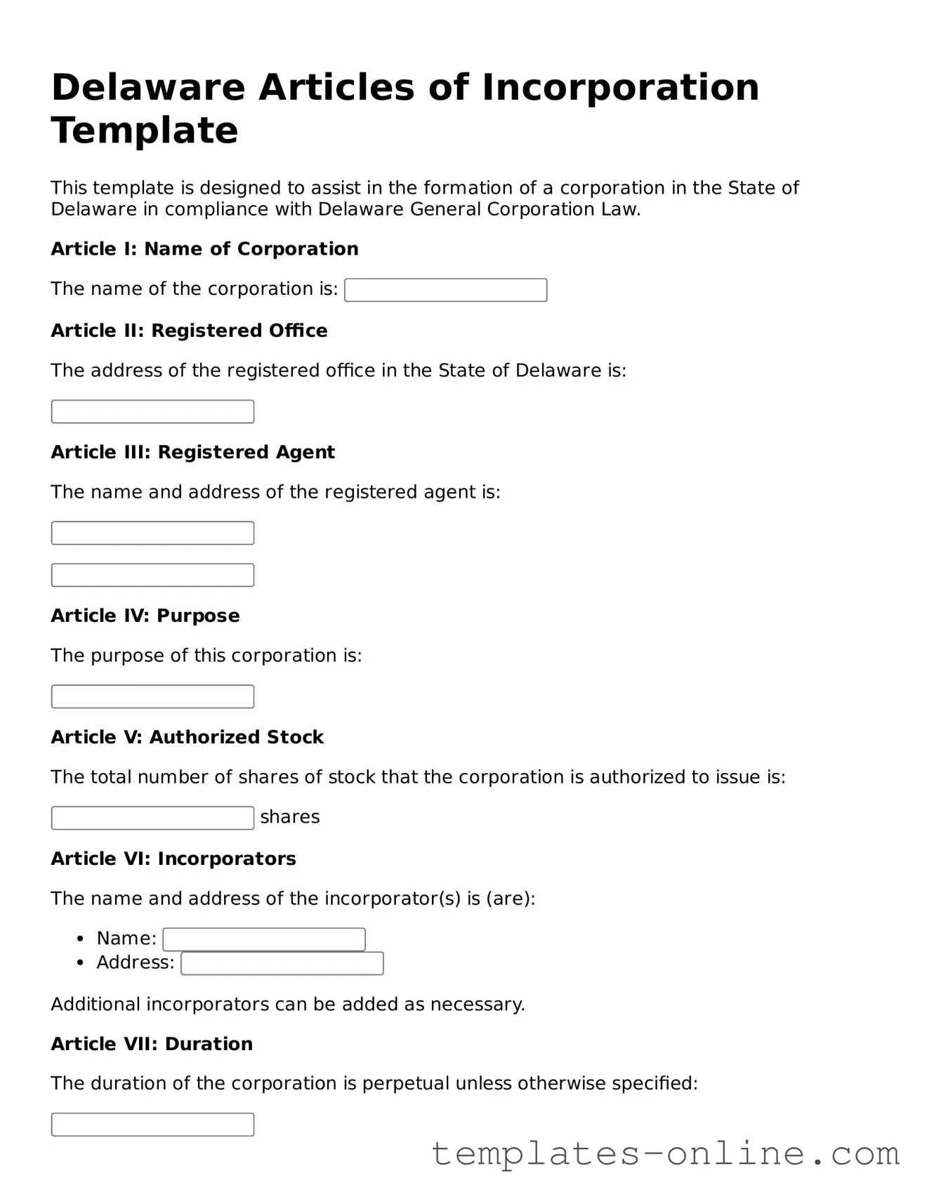 Valid  Articles of Incorporation Template for Delaware