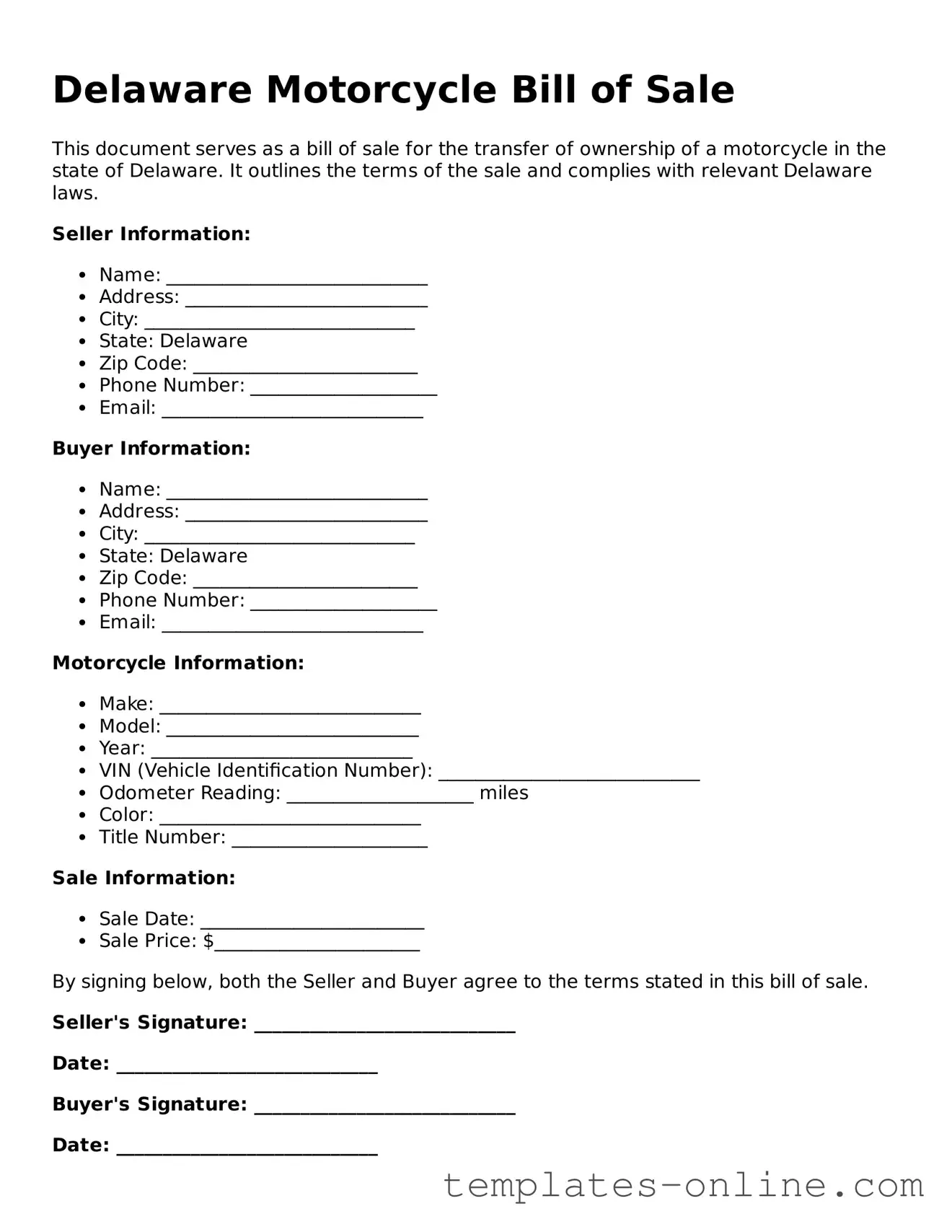 Valid  Motorcycle Bill of Sale Template for Delaware