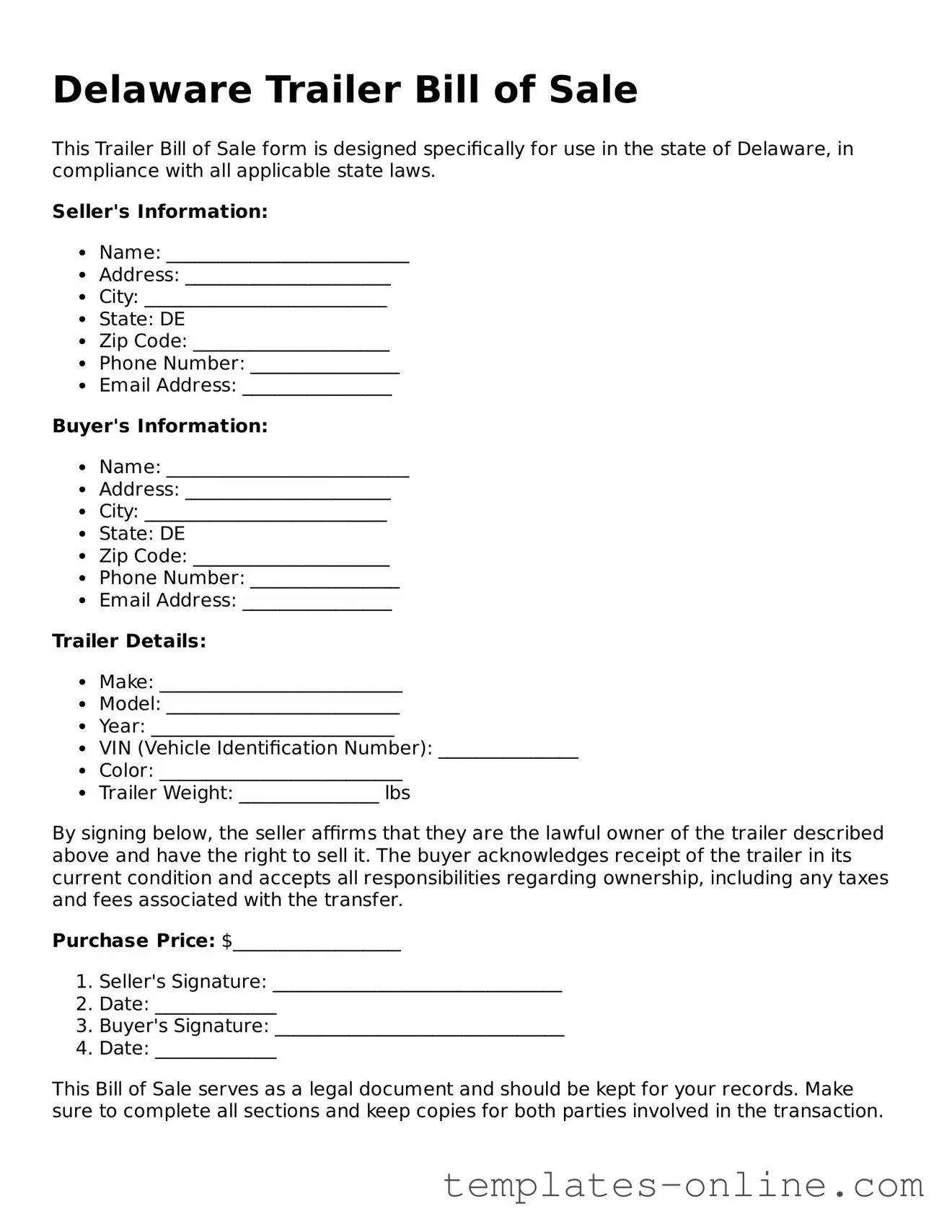 Valid  Trailer Bill of Sale Template for Delaware