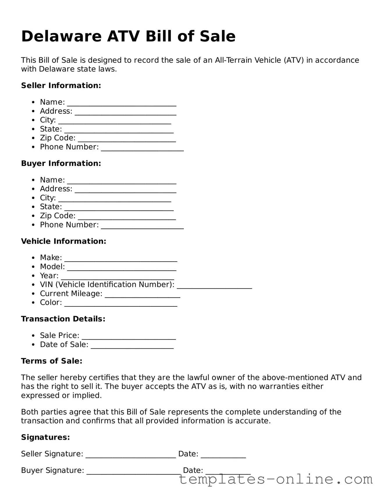 Valid  ATV Bill of Sale Template for Delaware