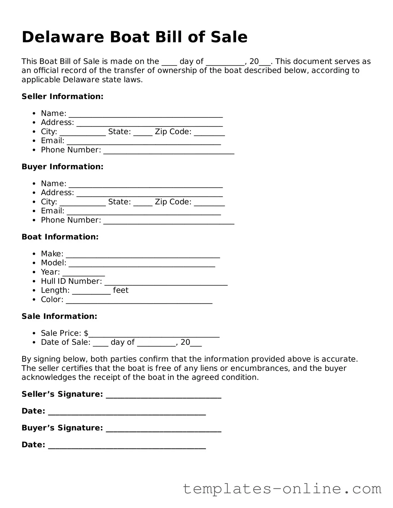 Valid  Boat Bill of Sale Template for Delaware