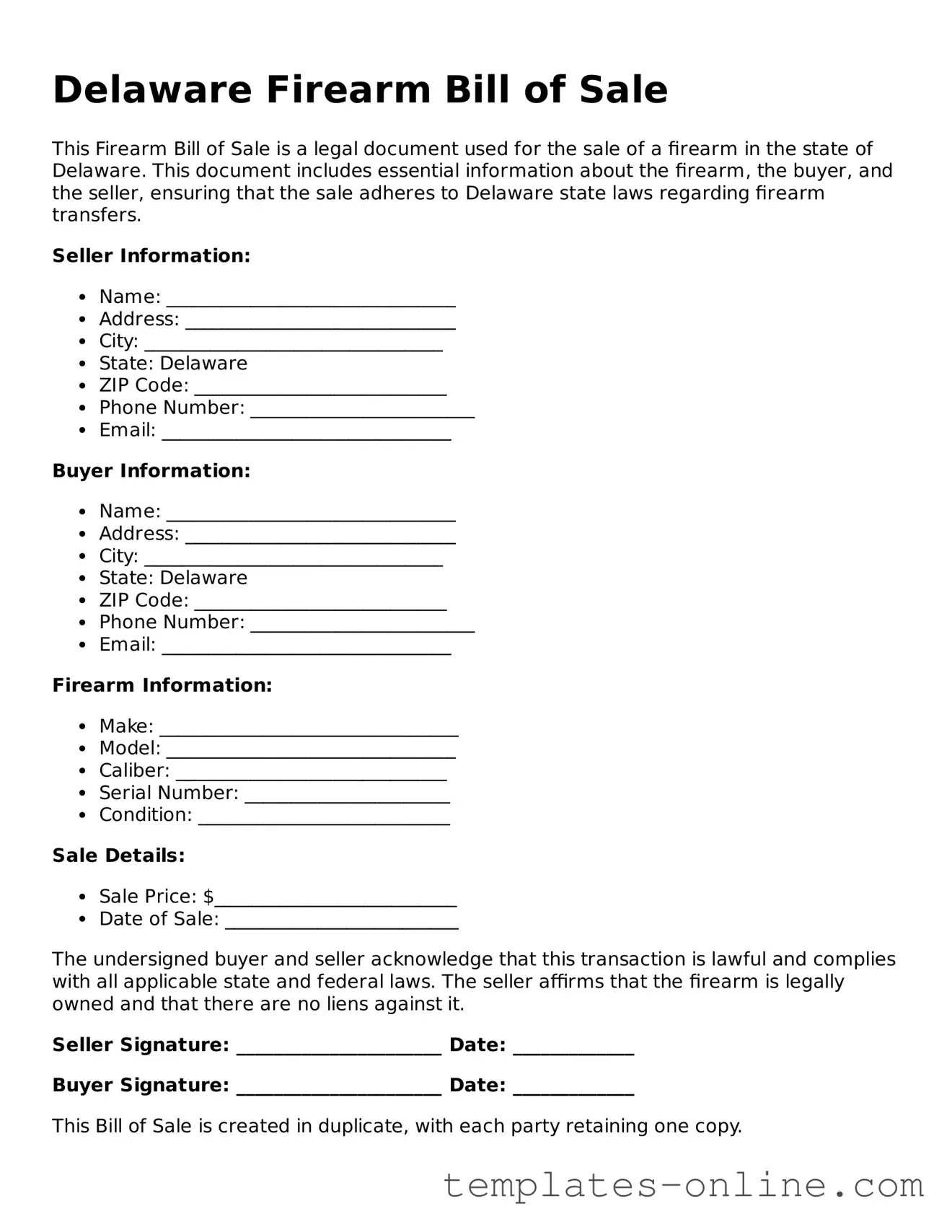 Valid  Firearm Bill of Sale Template for Delaware