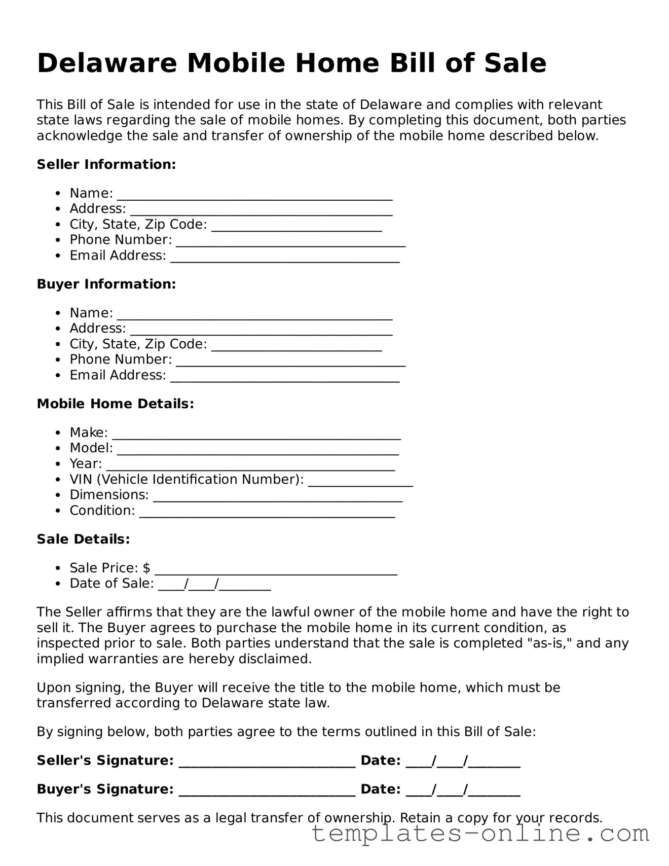 Valid  Mobile Home Bill of Sale Template for Delaware