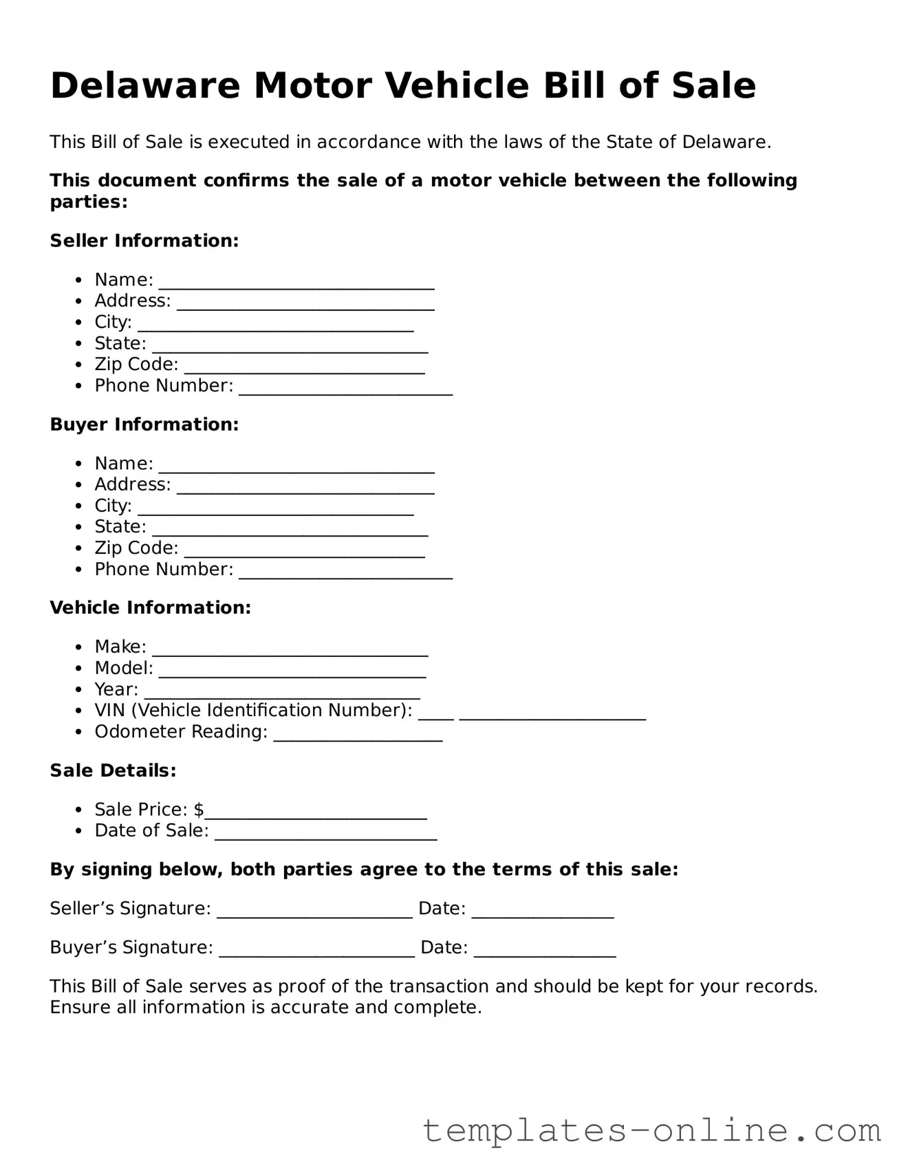 Valid  Motor Vehicle Bill of Sale Template for Delaware