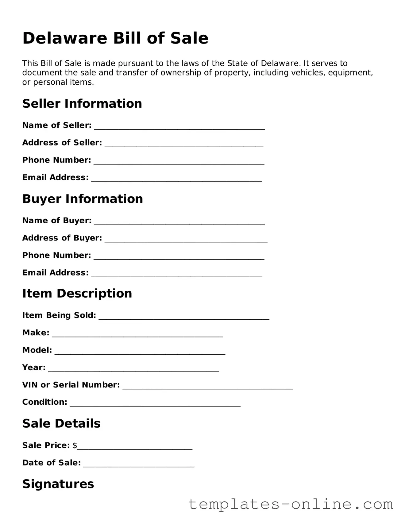 Valid  Bill of Sale Template for Delaware