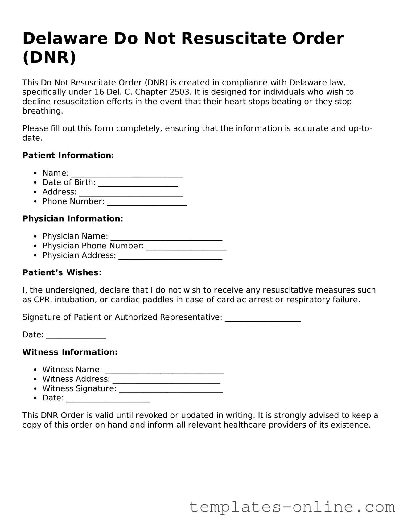 Valid  Do Not Resuscitate Order Template for Delaware