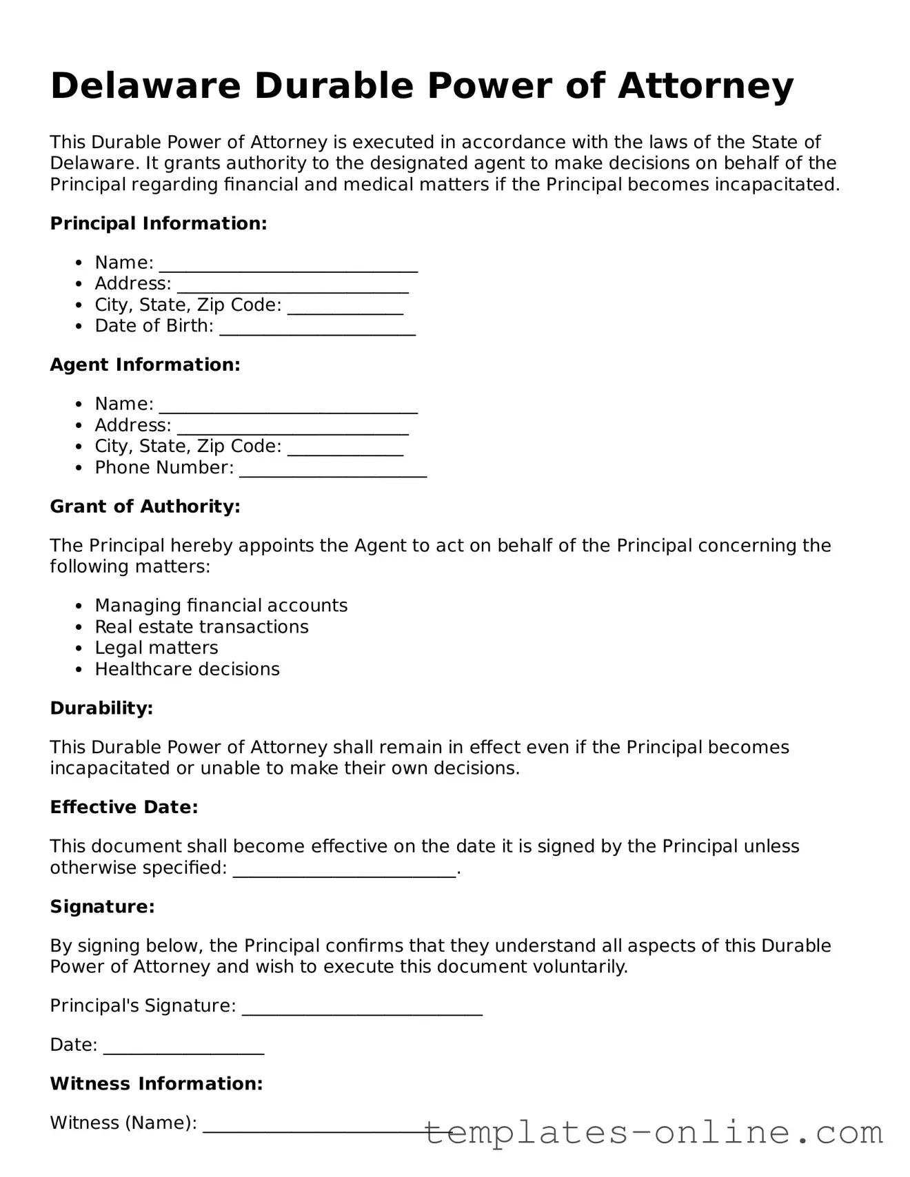 Valid  Durable Power of Attorney Template for Delaware