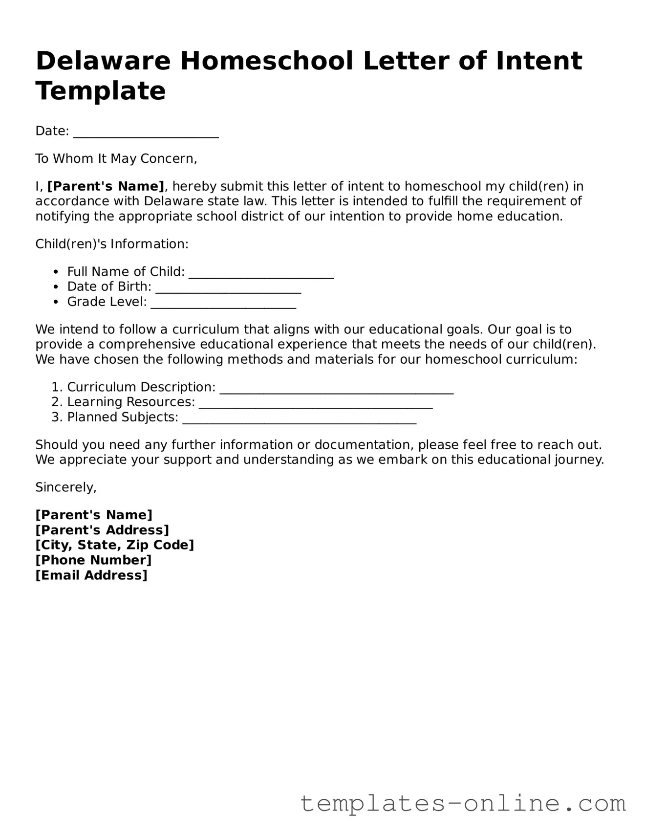 Valid  Homeschool Letter of Intent Template for Delaware
