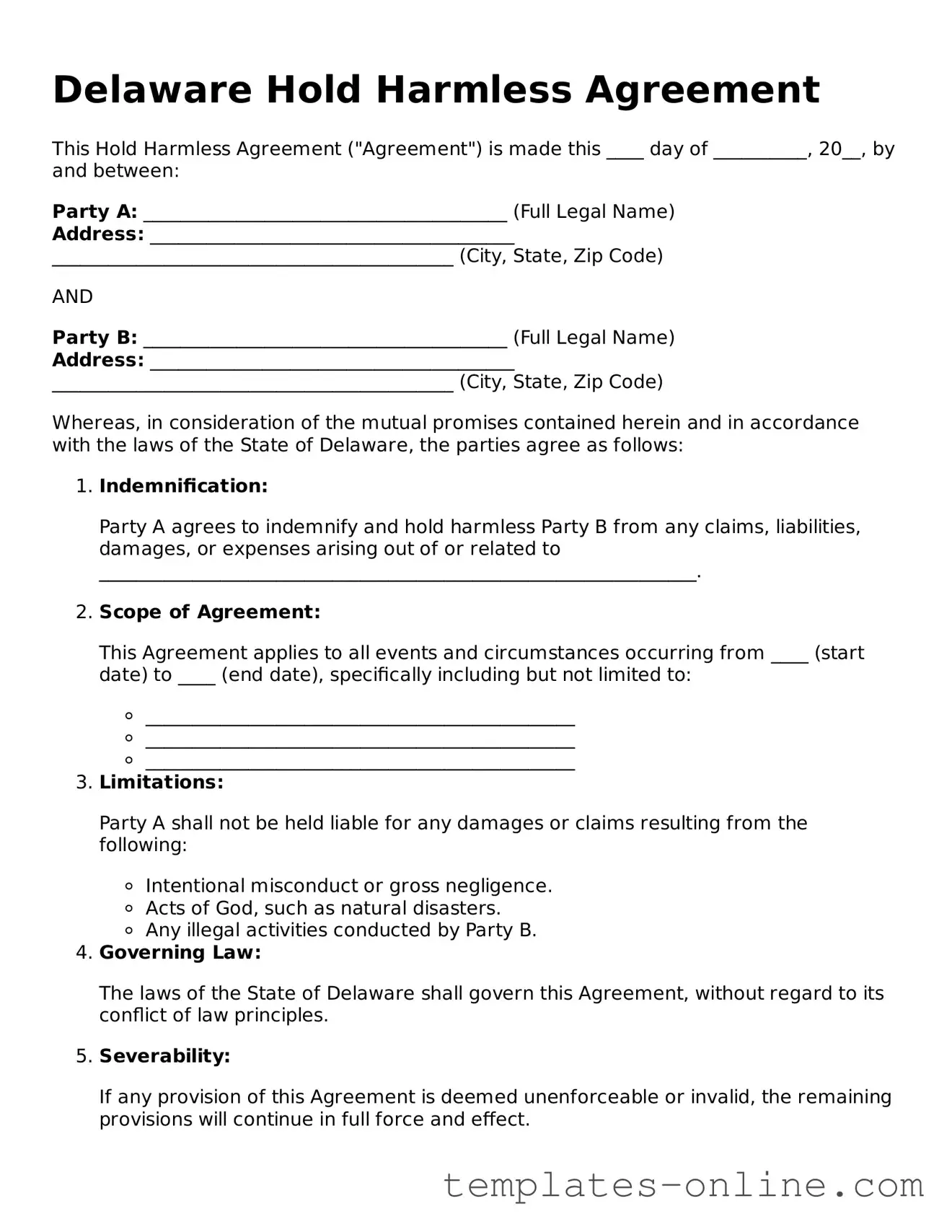 Valid  Hold Harmless Agreement Template for Delaware