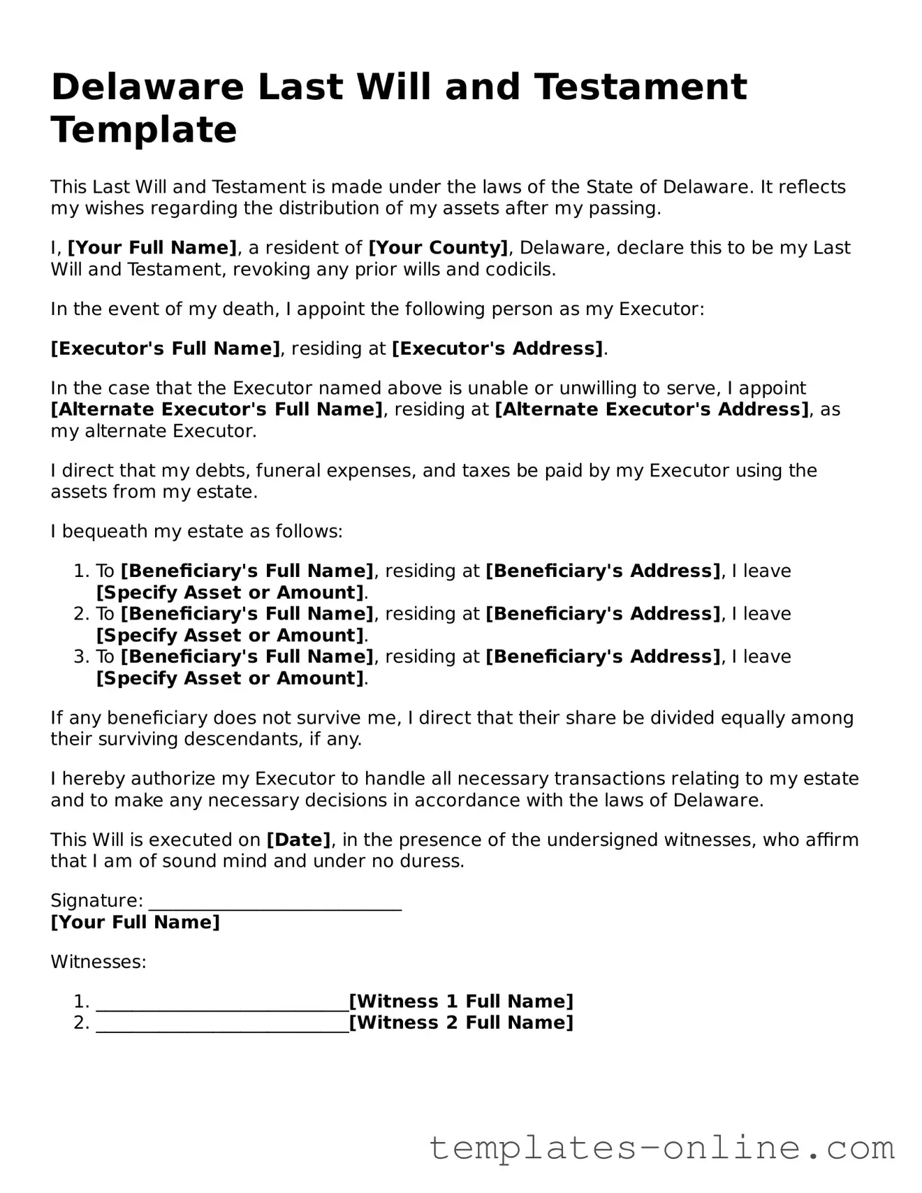 Valid  Last Will and Testament Template for Delaware