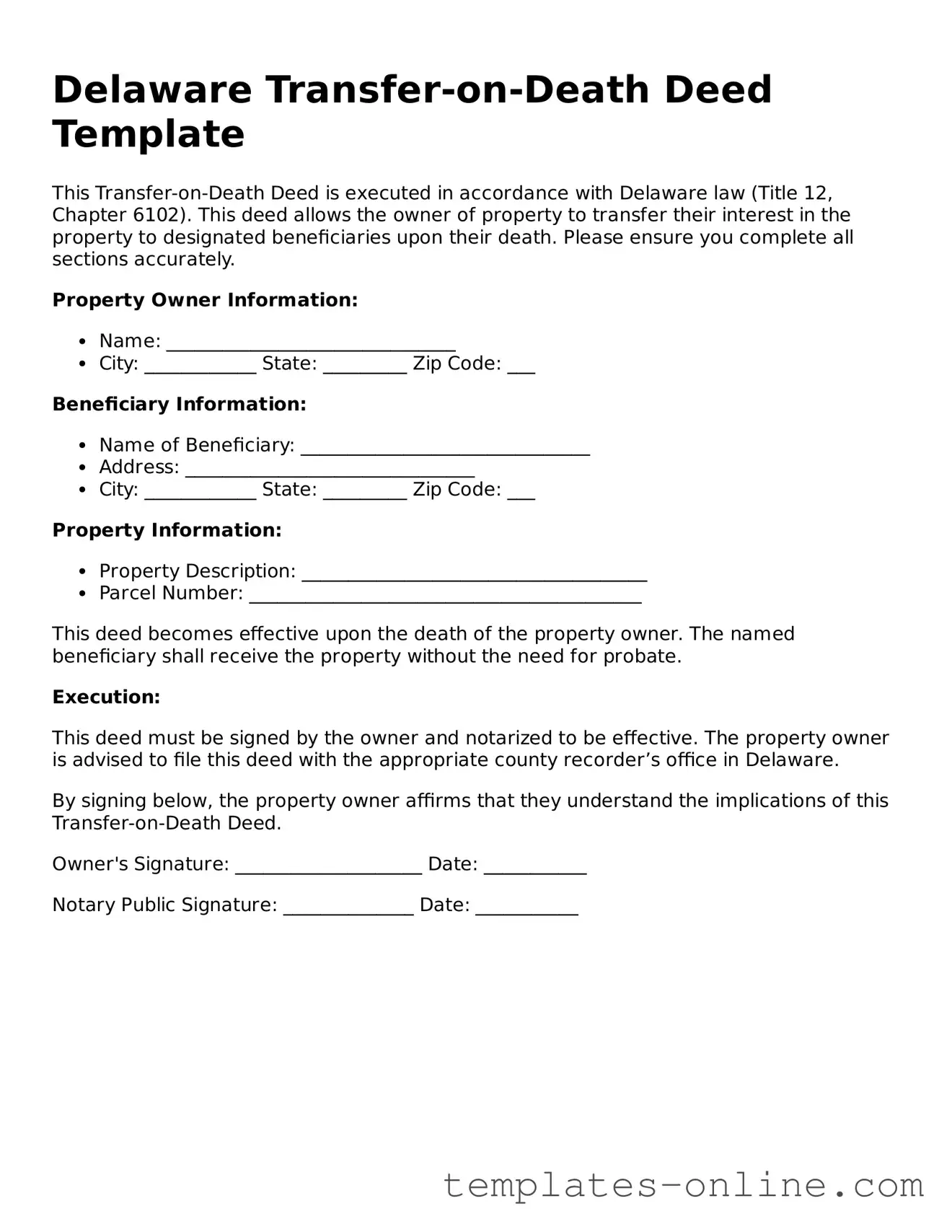 Valid  Transfer-on-Death Deed Template for Delaware