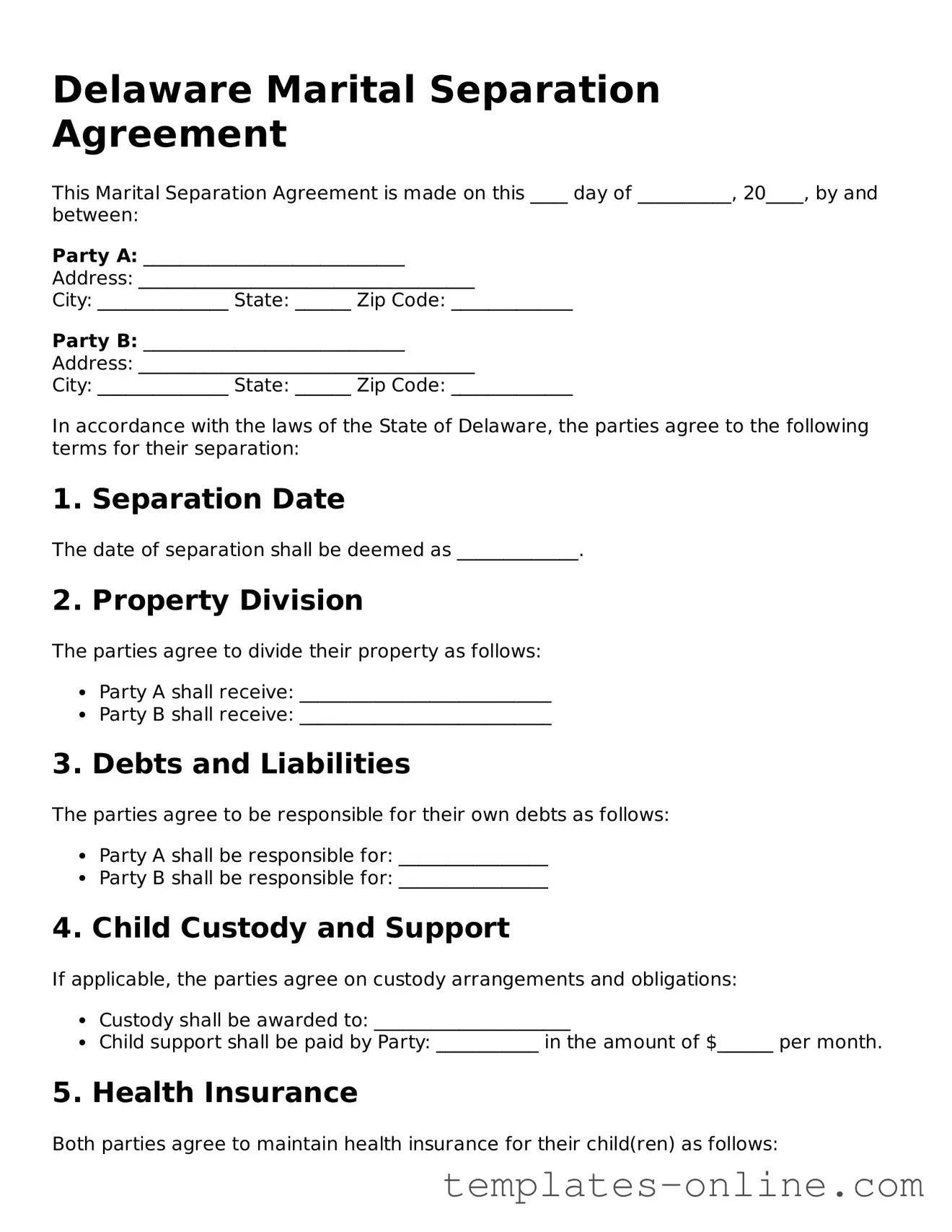 Valid  Marital Separation Agreement Template for Delaware