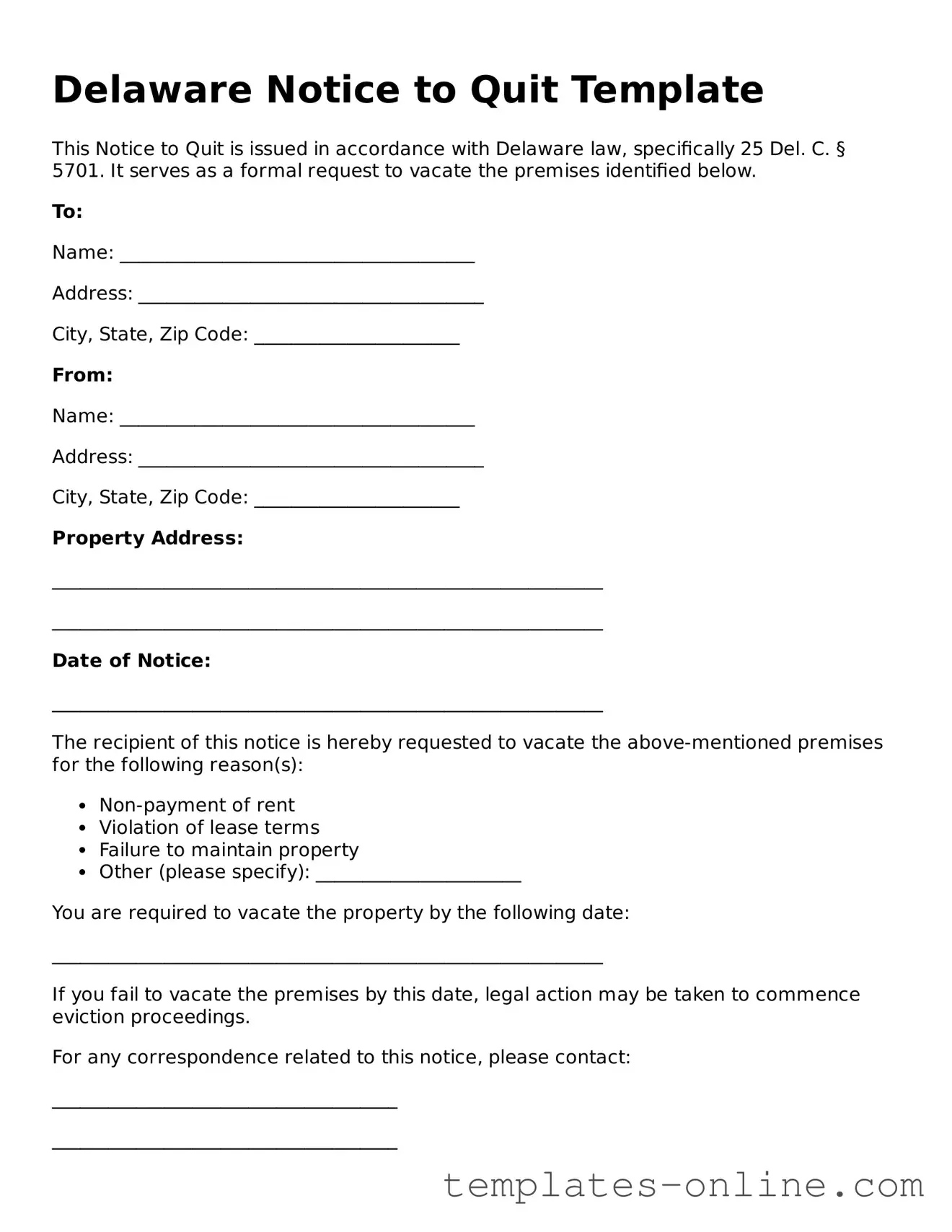 Valid  Notice to Quit Template for Delaware