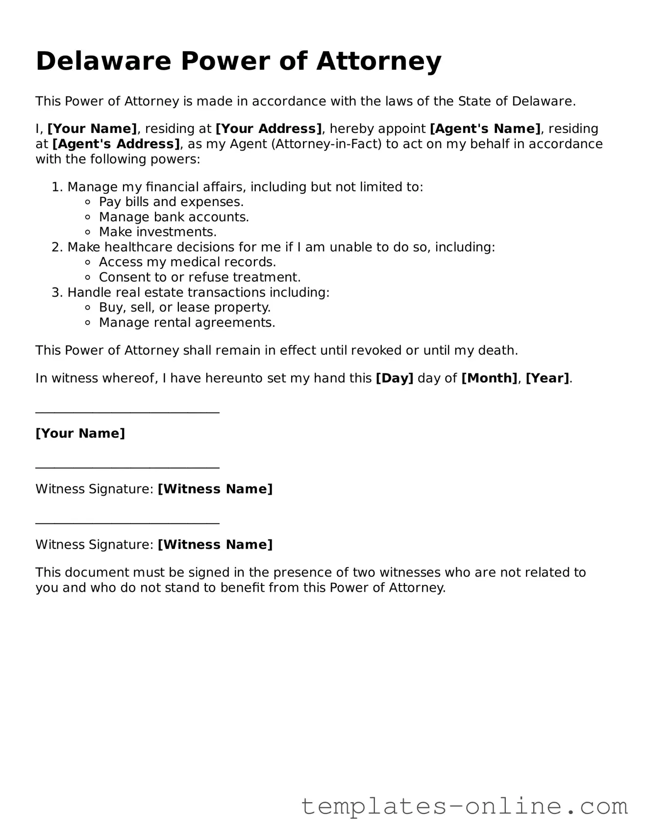 Valid  Power of Attorney Template for Delaware