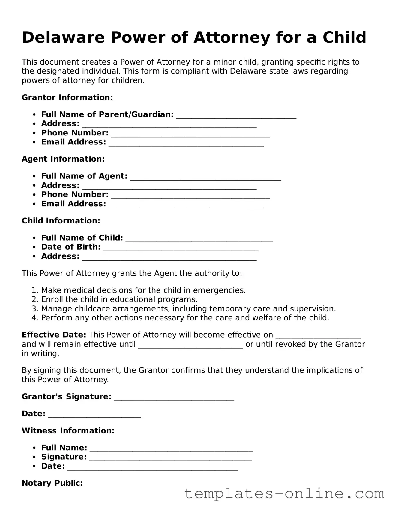 Valid  Power of Attorney for a Child Template for Delaware