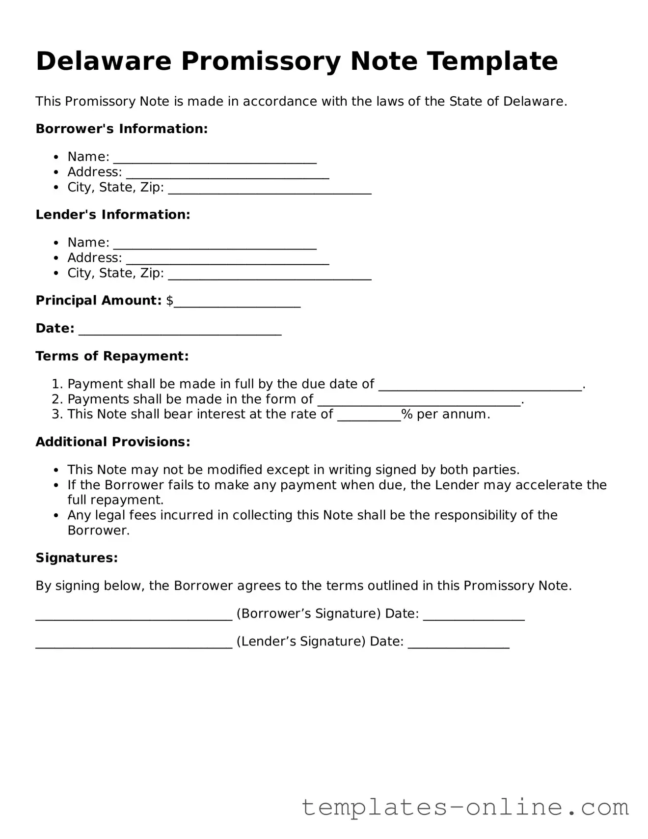 Valid  Promissory Note Template for Delaware