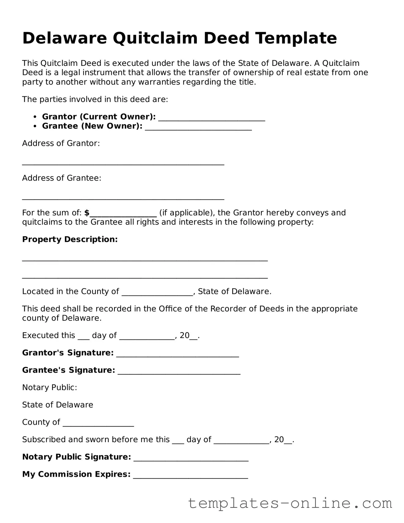 Valid  Quitclaim Deed Template for Delaware