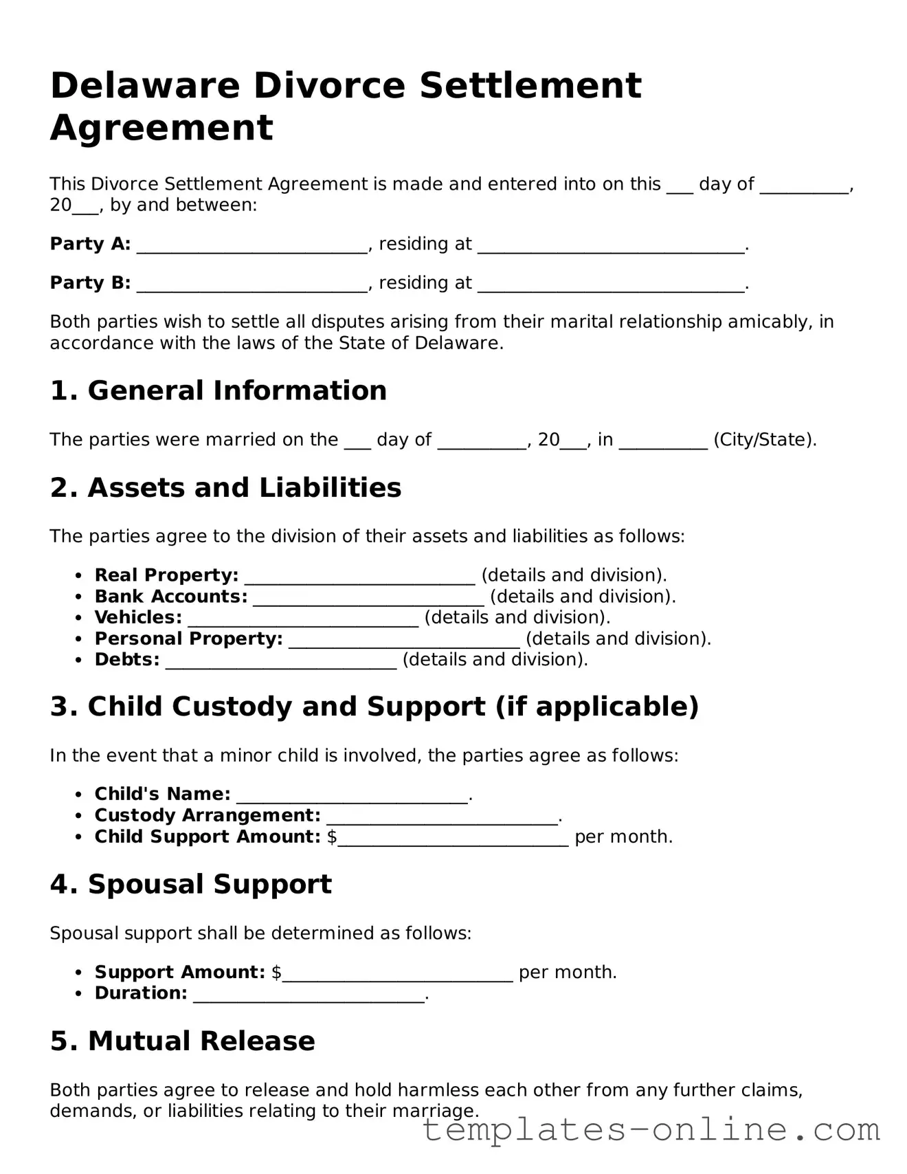 Valid  Divorce Settlement Agreement Template for Delaware