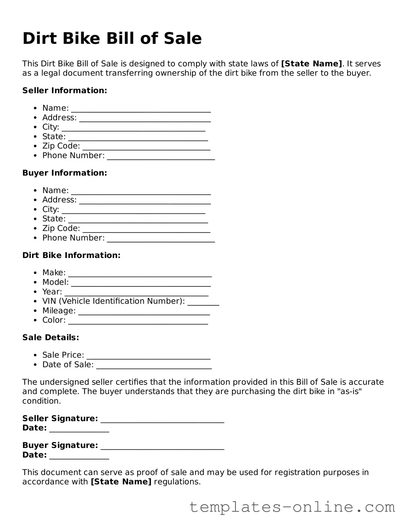 Attorney-Verified Dirt Bike Bill of Sale Template
