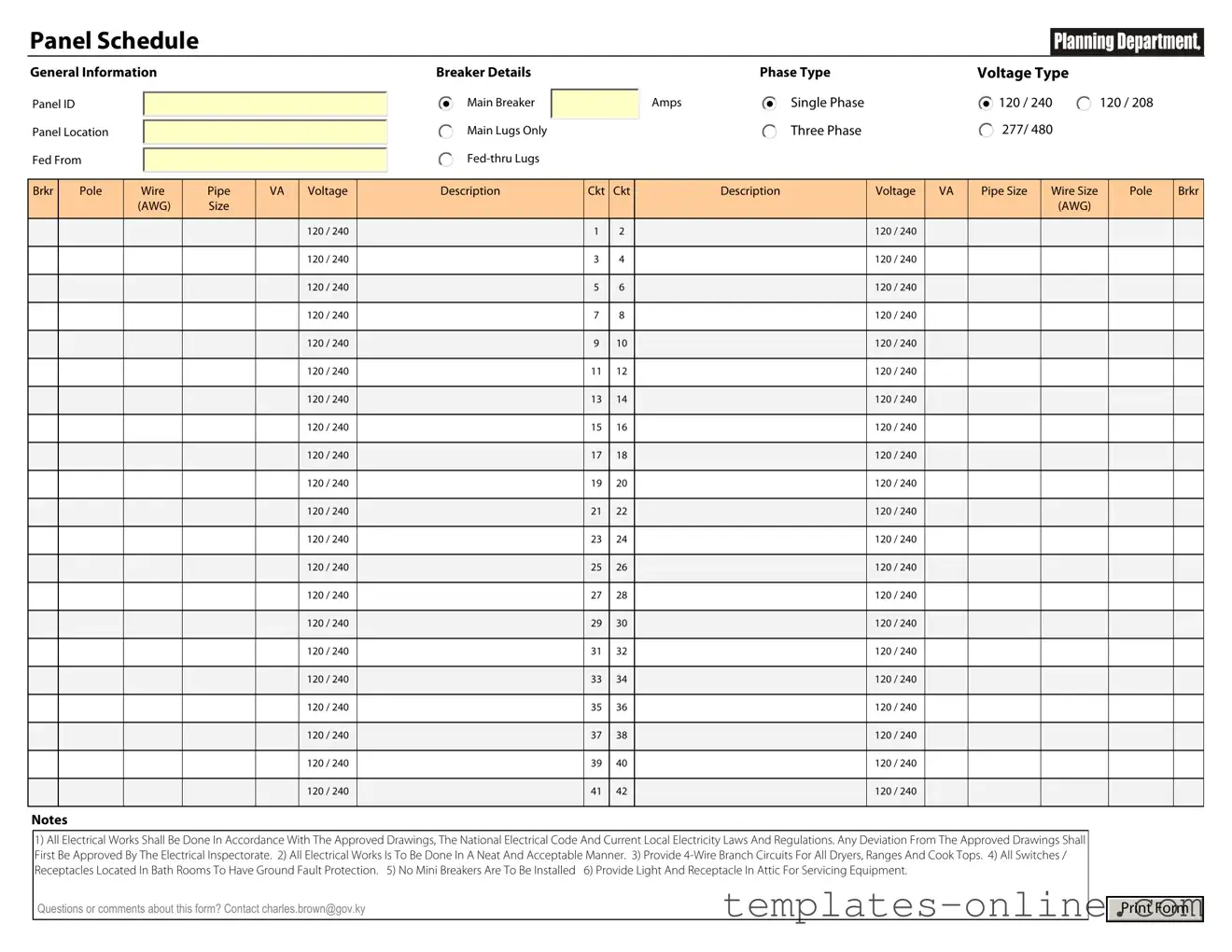 Electrical Panel Schedule Template