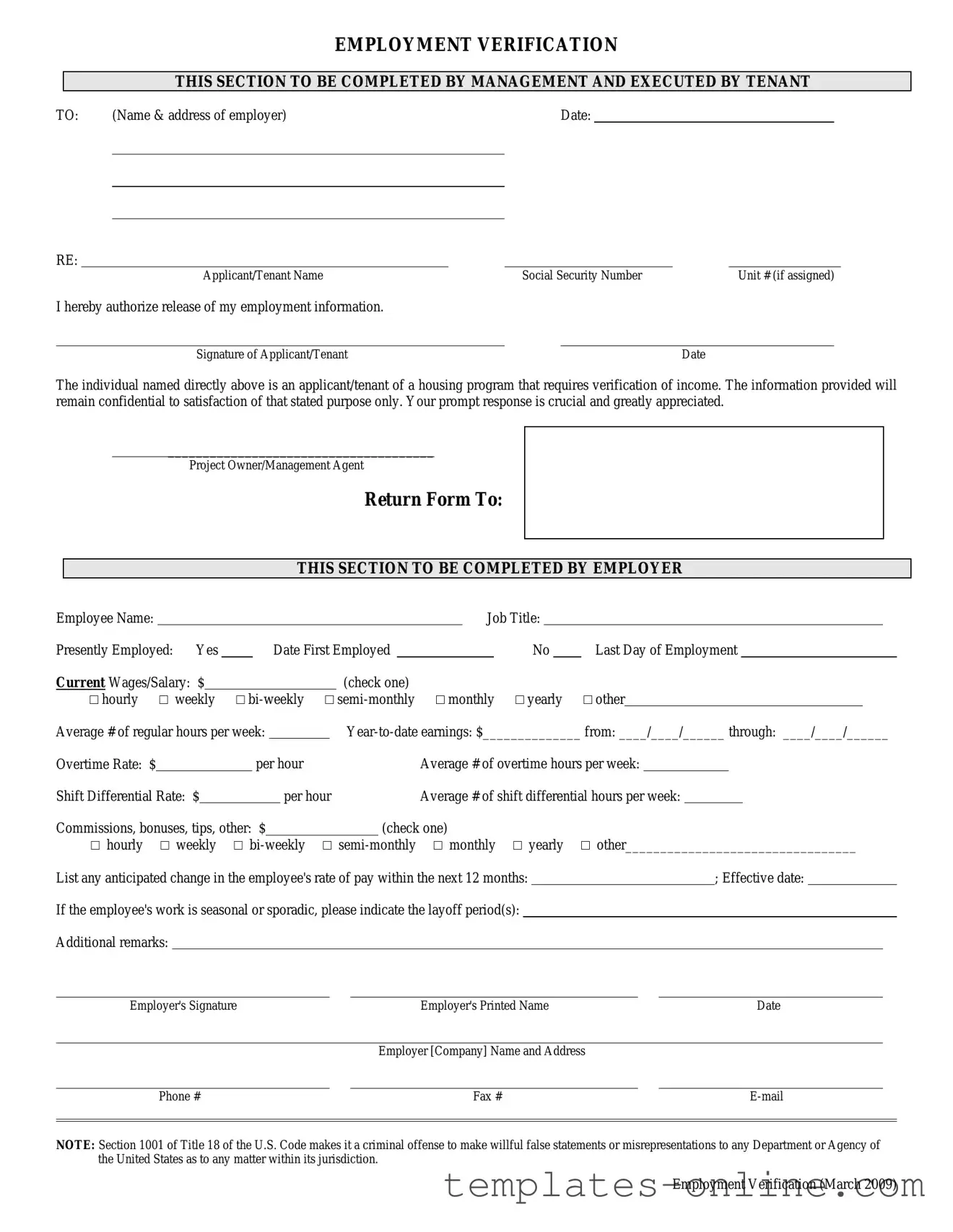 Employment verification form Template