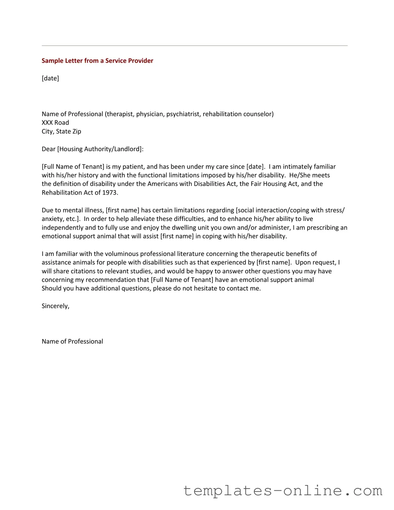 Emotional Support Animal Letter Template