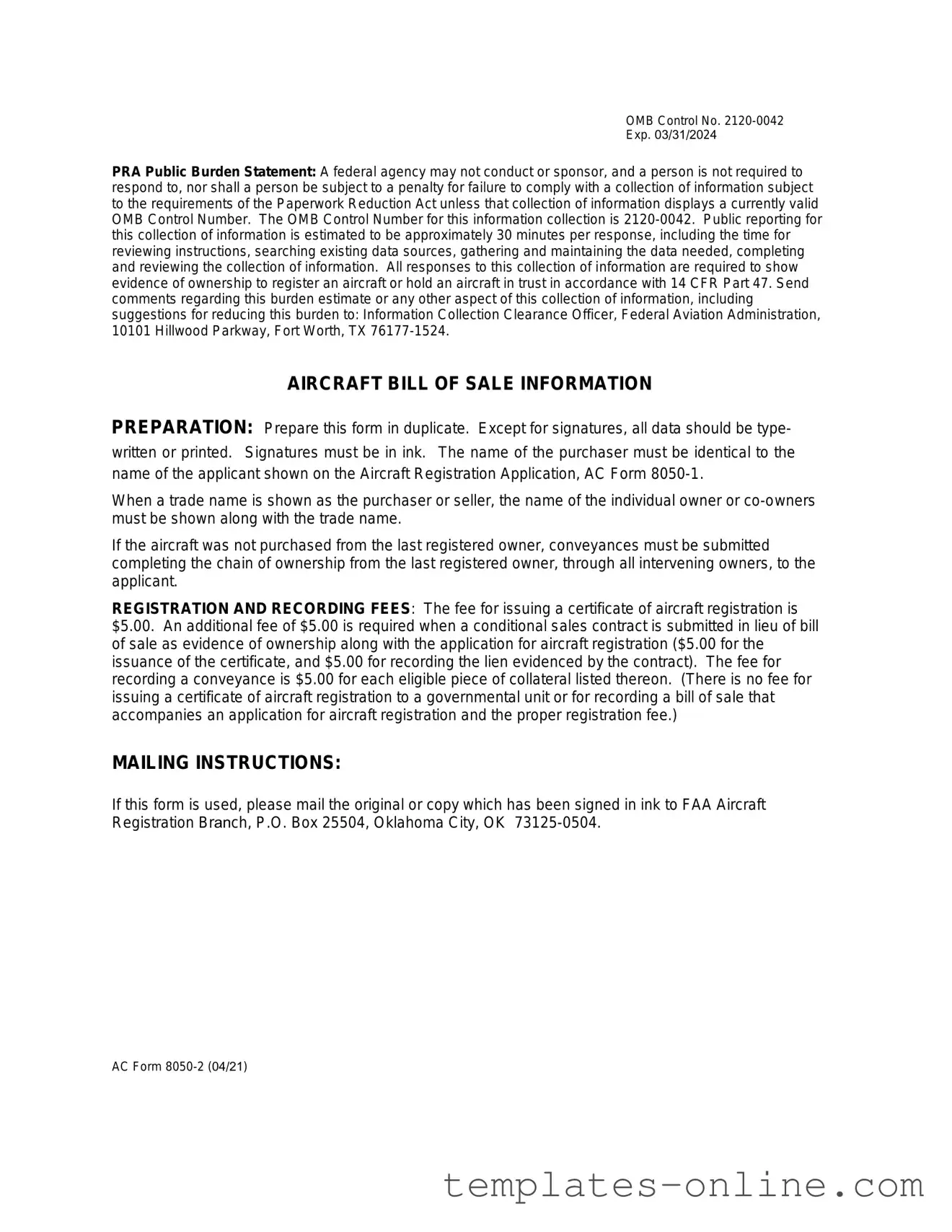 Aircraft Bill of Sale AC 8050-2 Template
