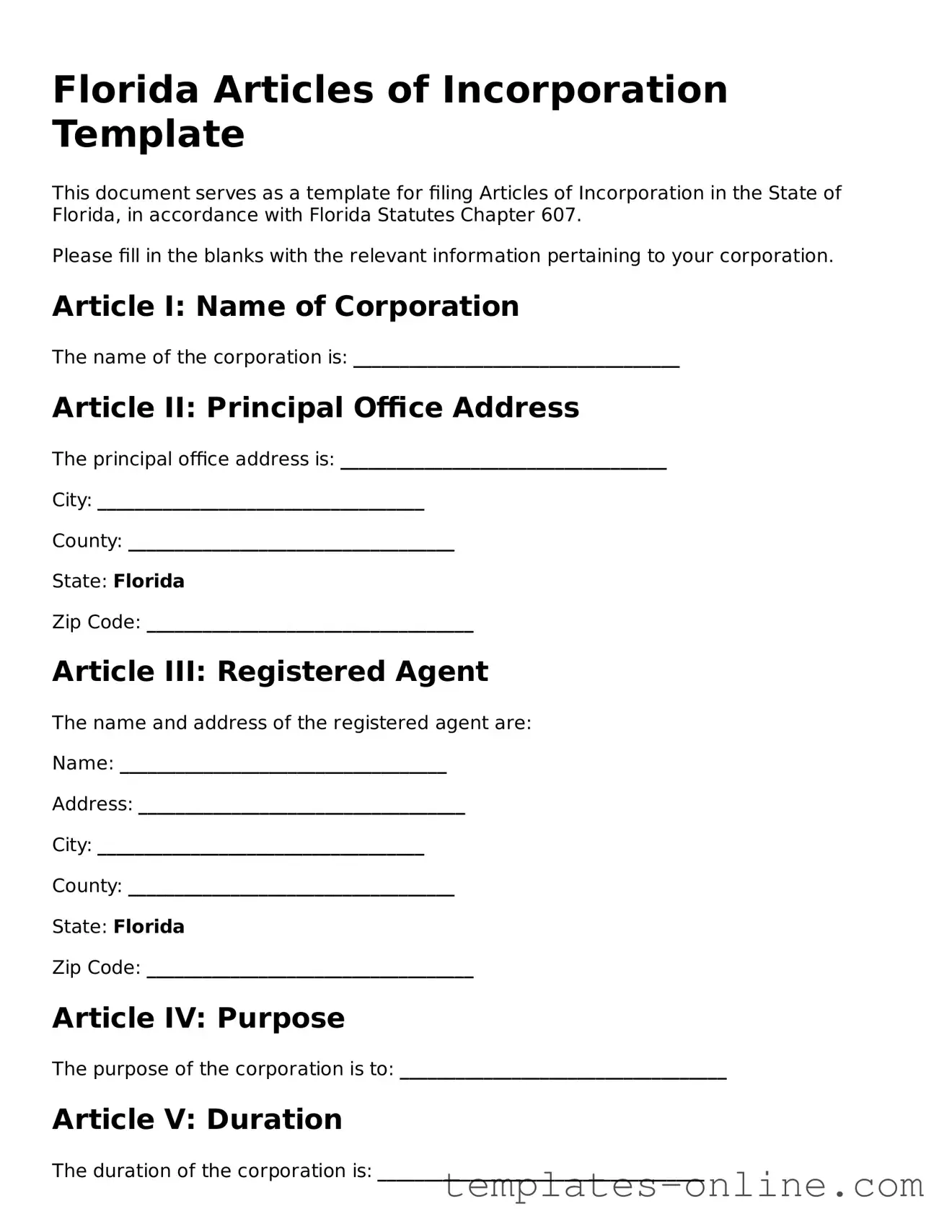 Valid  Articles of Incorporation Template for Florida