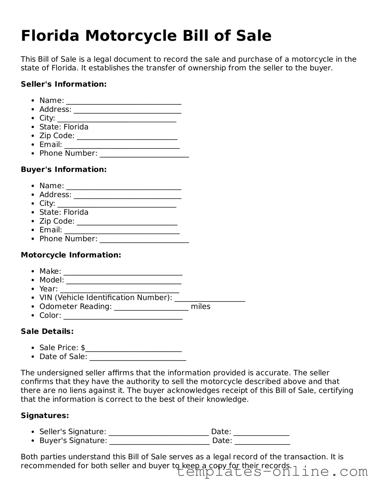 Valid  Motorcycle Bill of Sale Template for Florida