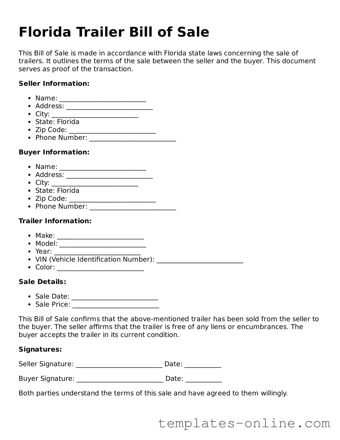 Valid  Trailer Bill of Sale Template for Florida