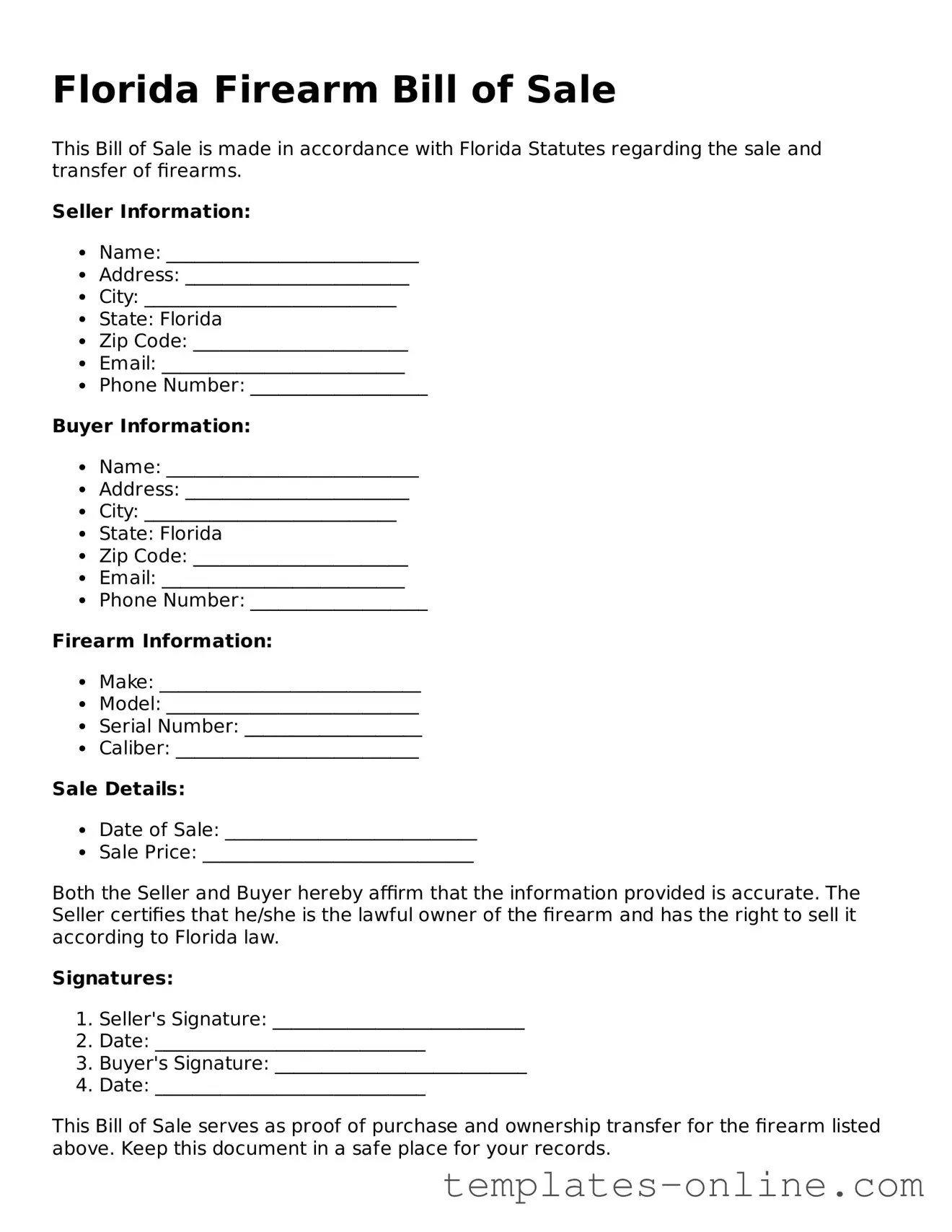 Valid  Firearm Bill of Sale Template for Florida