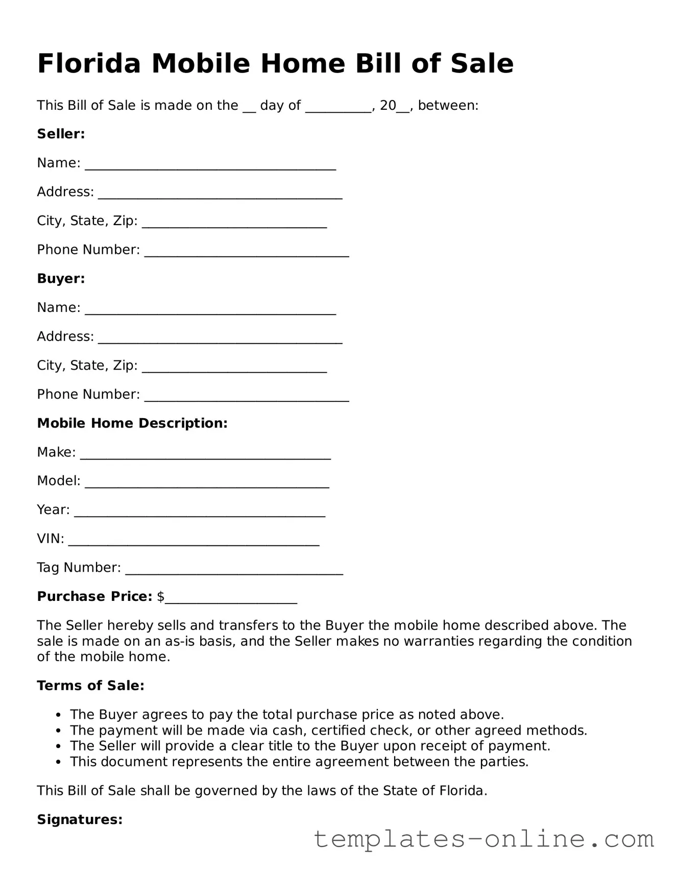 Valid  Mobile Home Bill of Sale Template for Florida