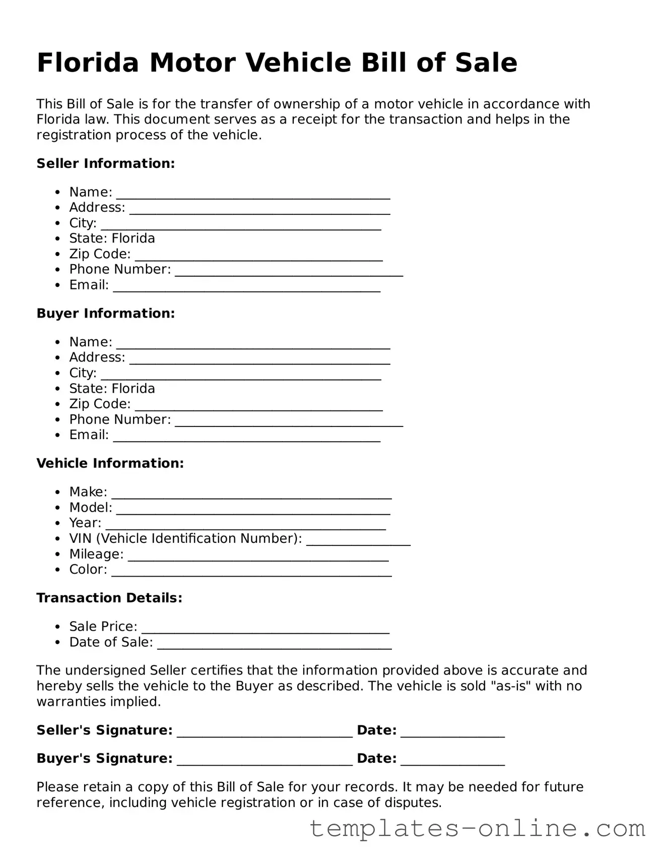 Valid  Motor Vehicle Bill of Sale Template for Florida