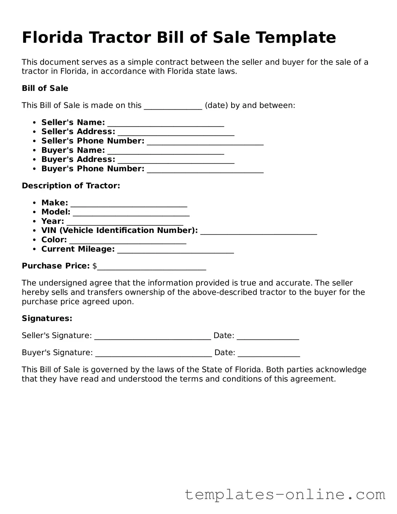Valid  Tractor Bill of Sale Template for Florida