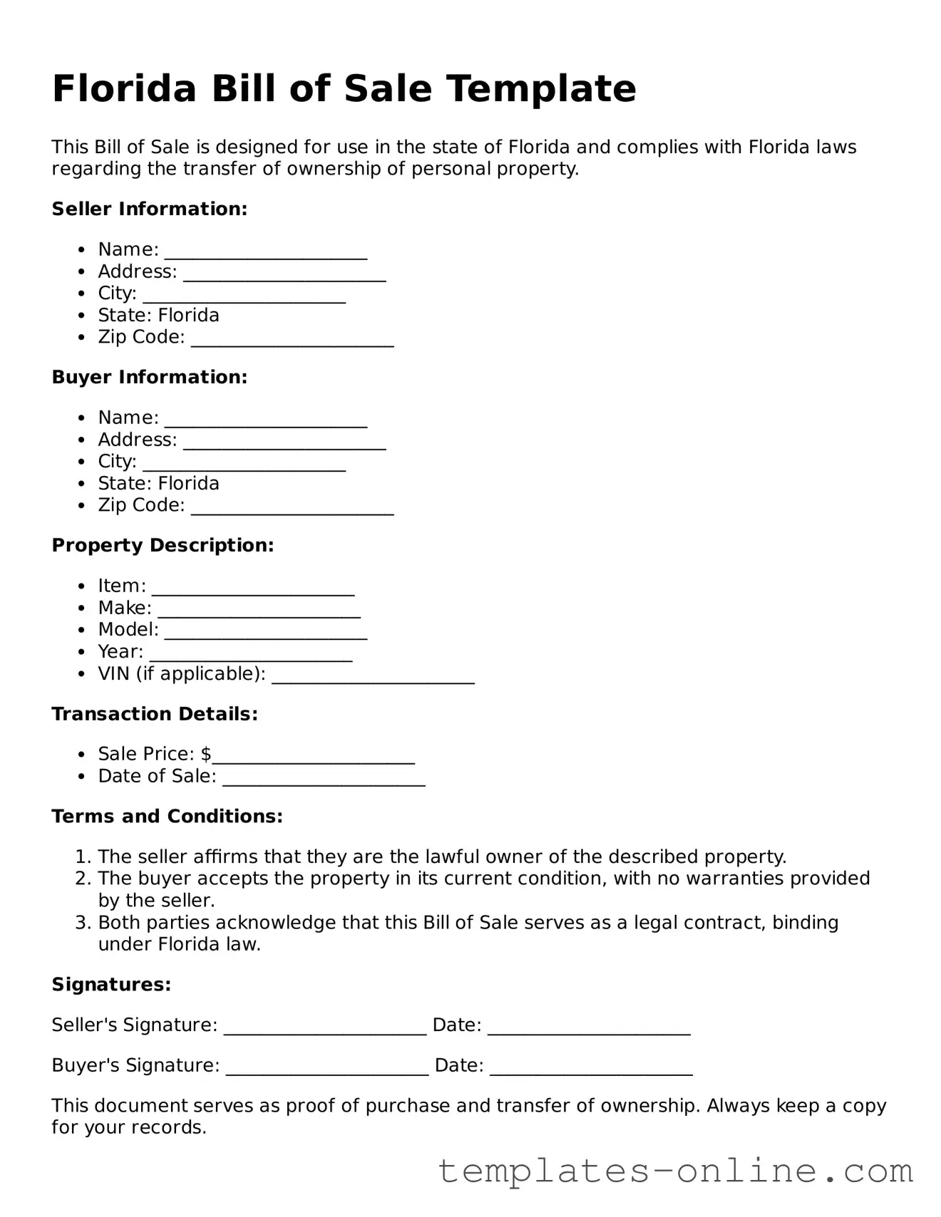 Valid  Bill of Sale Template for Florida