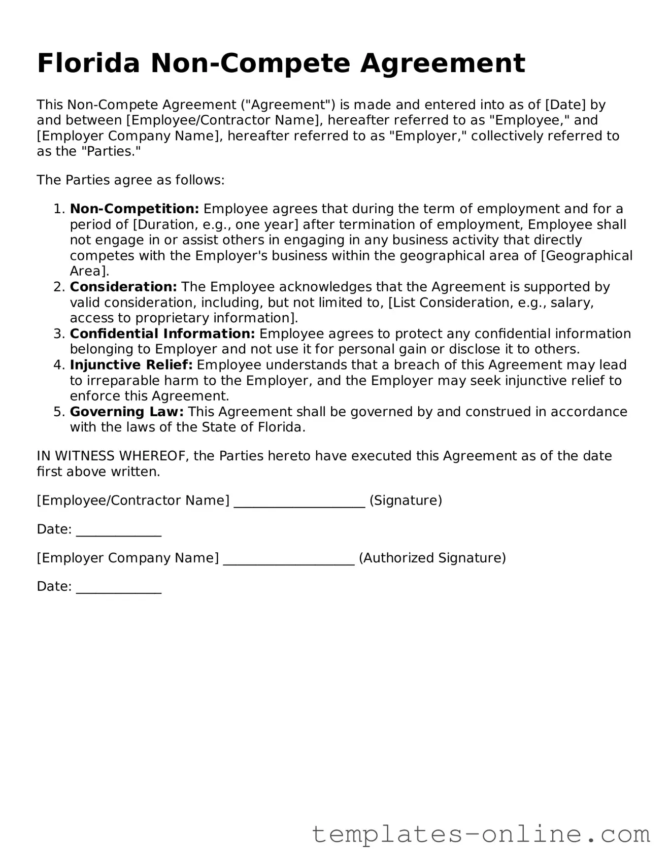 Valid  Non-compete Agreement Template for Florida