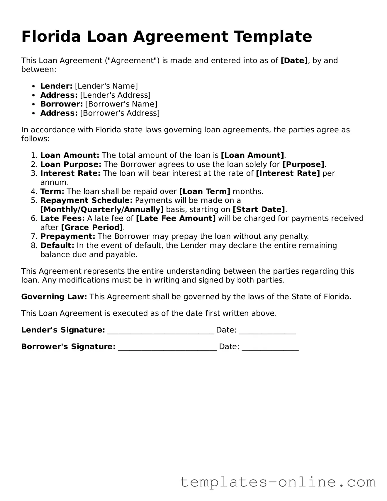 Valid  Loan Agreement Template for Florida
