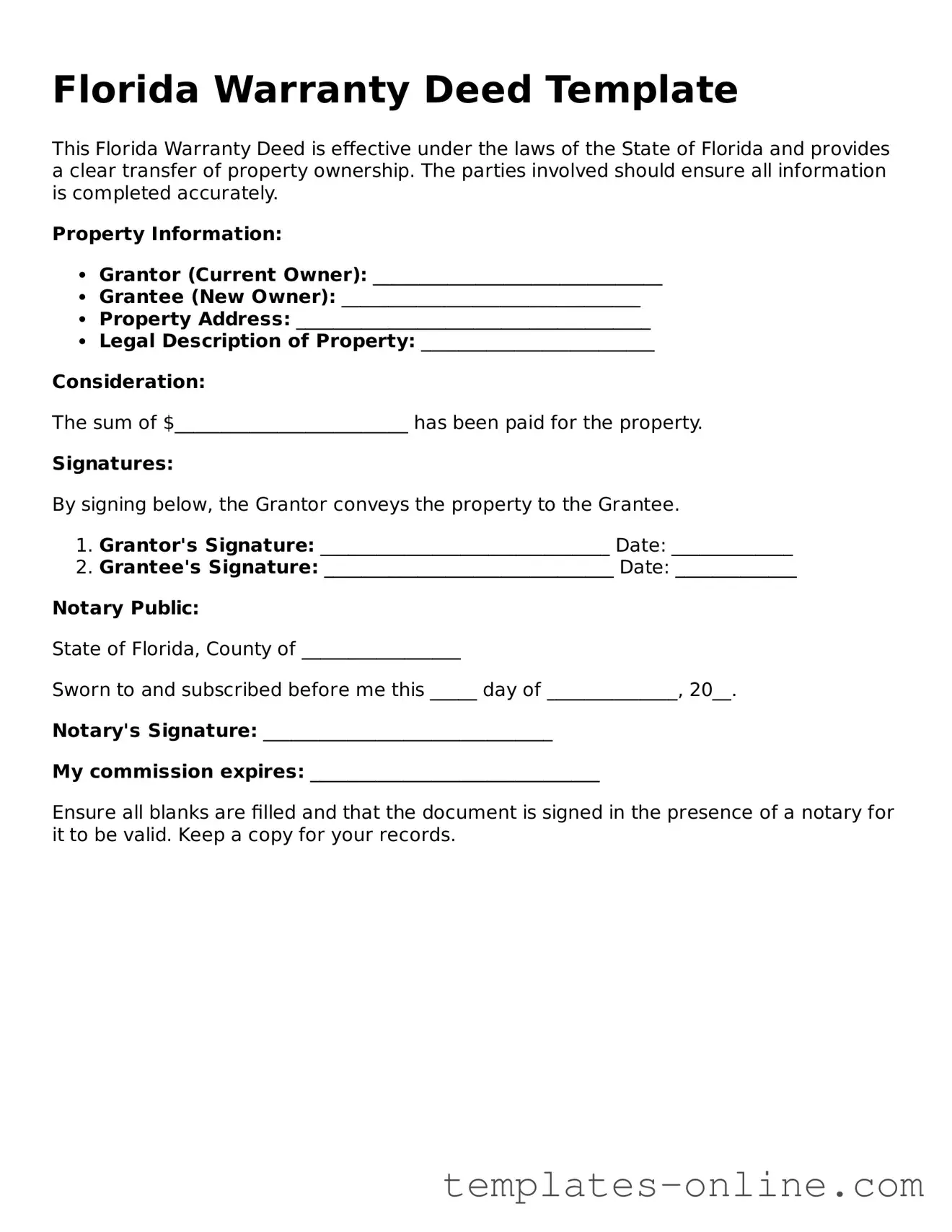 Valid  Deed Template for Florida