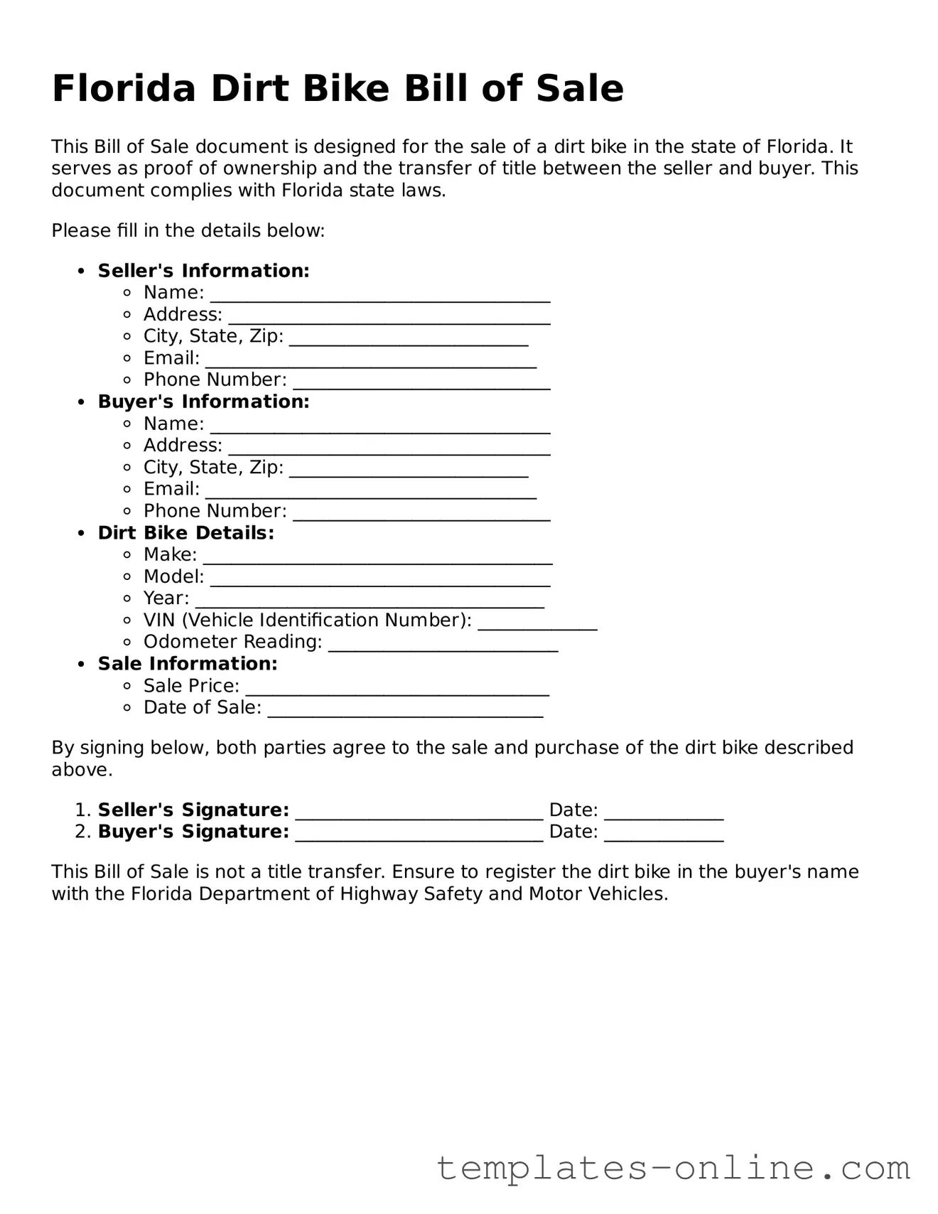 Valid  Dirt Bike Bill of Sale Template for Florida