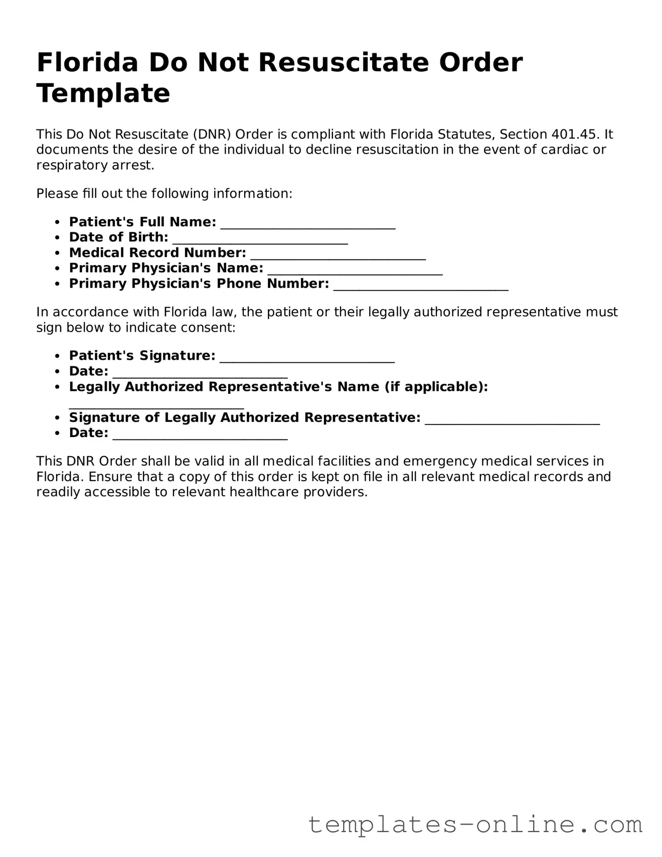 Valid  Do Not Resuscitate Order Template for Florida