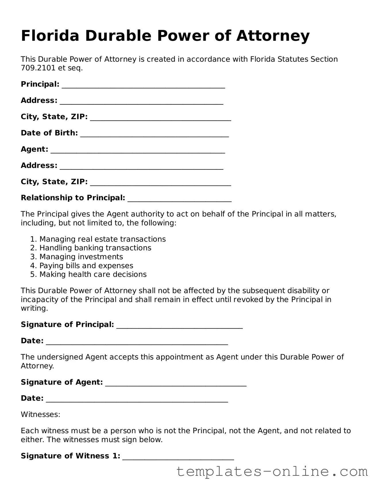 Valid  Durable Power of Attorney Template for Florida